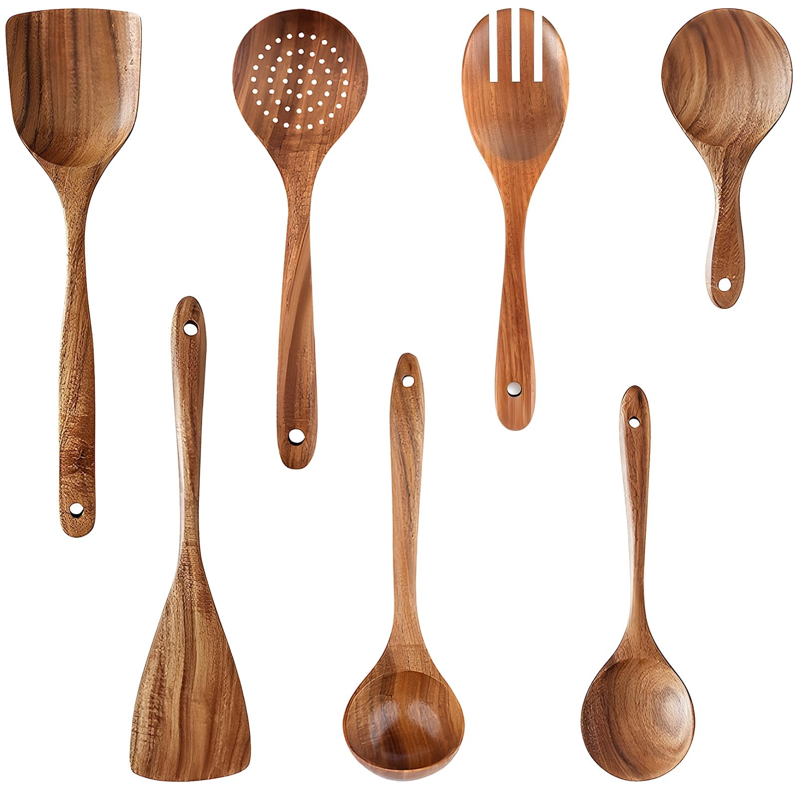 7-teiliges Küchenutensil Set aus Holz, Teak Utensilien zum Kochen, mit langem Griff, antihaftgeeignet, für die wichtigsten Küchenhelfer