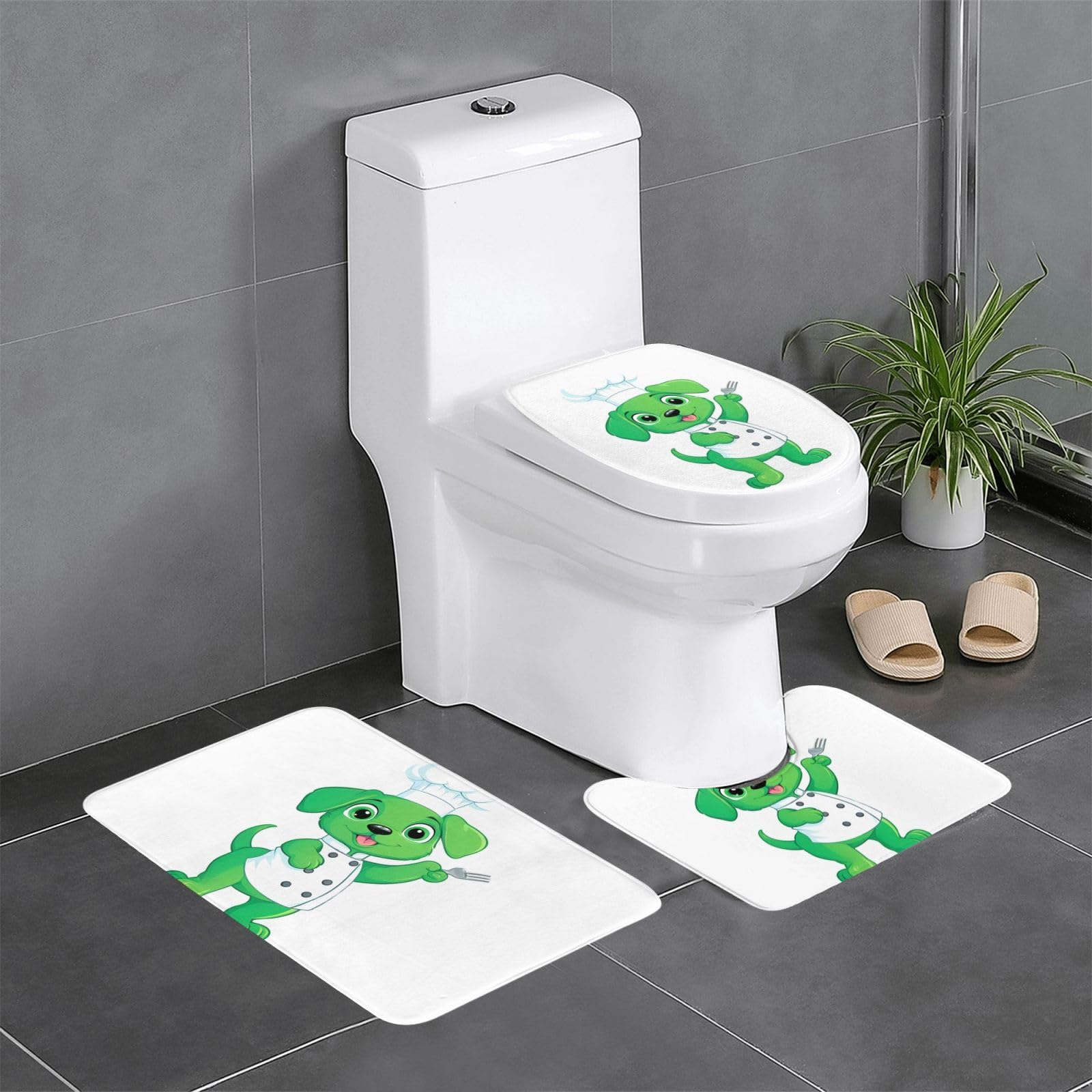 Tapis de salle de bain antidérapants lot de 3 ensemble rectangulaire U O motif chiot chef vert