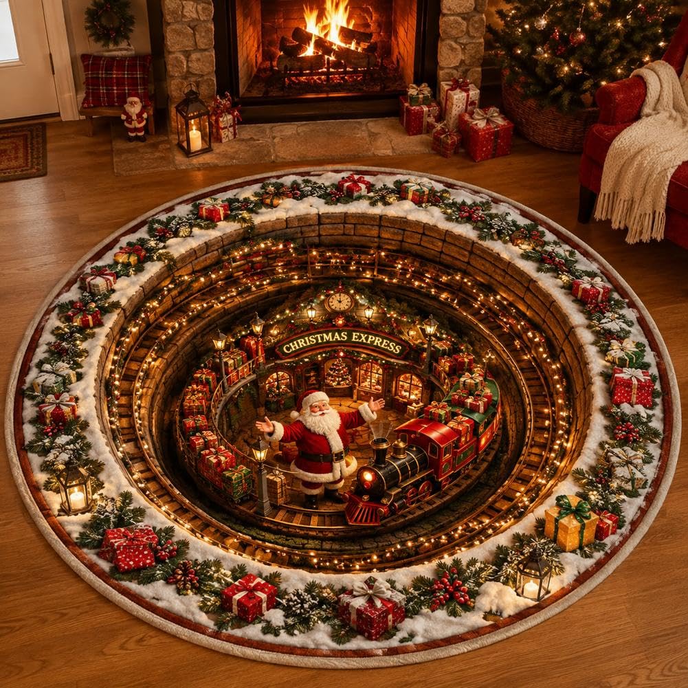 3D Christmas Round Rug, Optical Illusion Christmas Rug Indoor Outdoor Use