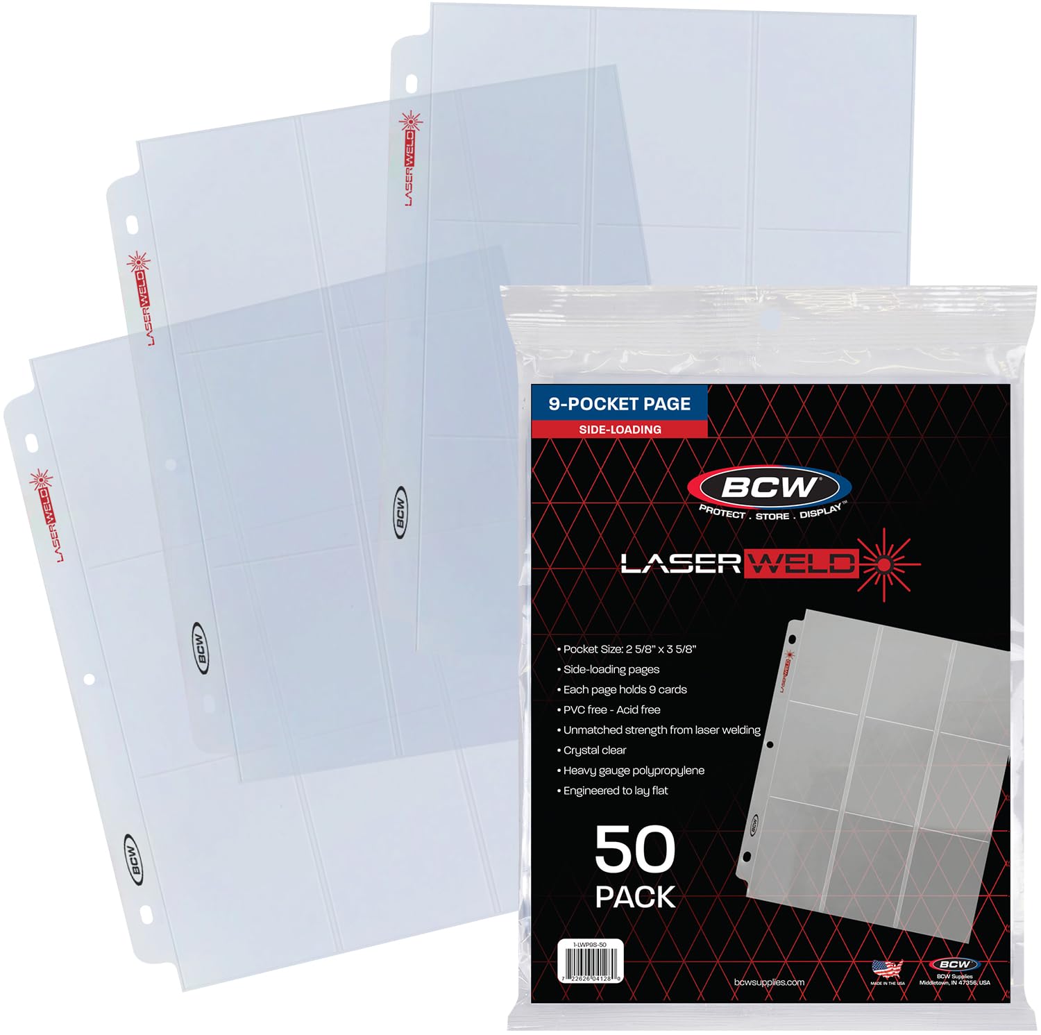BCW LaserWeld 9-Pocket Page - Side Load 50ct | Holds Nine 2½" x 3½" Trading Cards | Acid-Free Card Storage | Laser-Welded Seams for Durability |