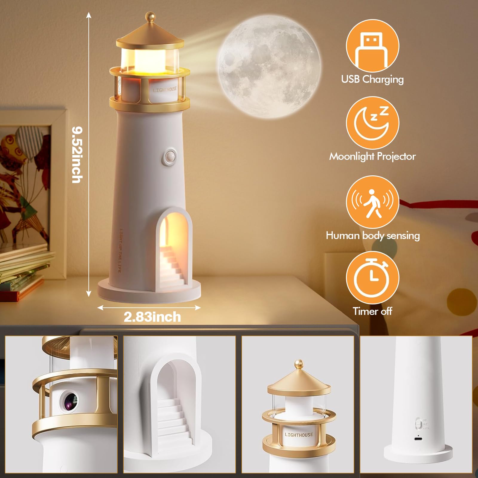 Lampada Faro Decorativa A LED Con Proiezione Lunare E Bluetooth - Telecomando, Timer, Batteria 2400 MAh, Luci Nordiche, Regalo Originale - 2