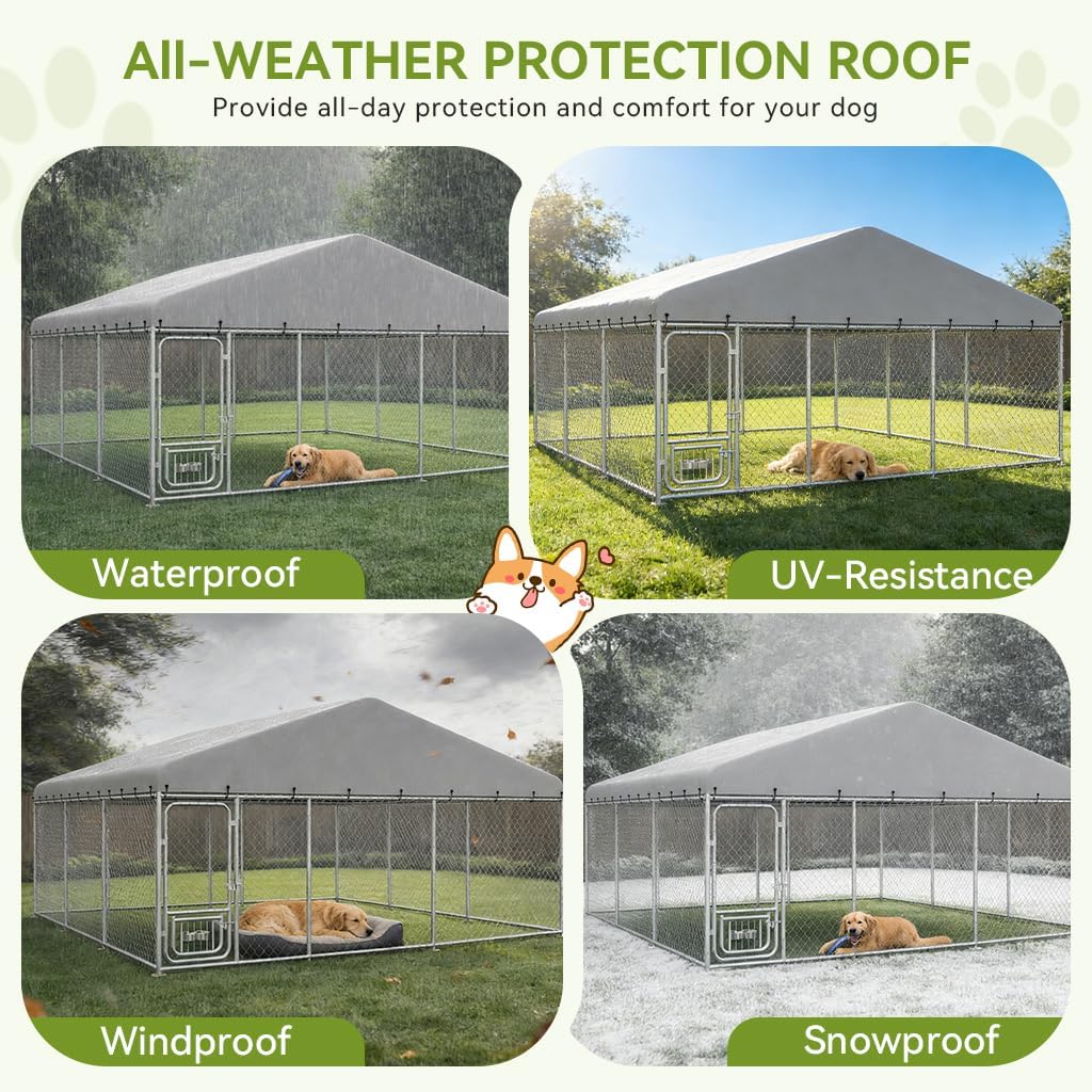 COMHOMA 14.8×14.8FT Outdoor Dog Kennel with Adjustable Bowls Feeder Heavy Duty Extra-Large Dog Enclosure with Roof & Lock All Weather Resistant for Medium Large Dogs