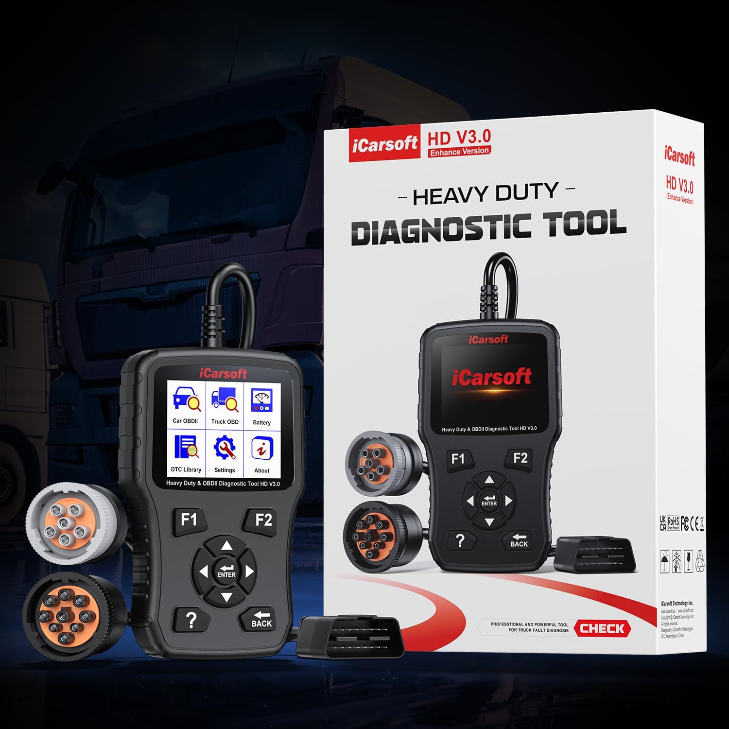 iCarsoft Heavy Duty Truck Scanner HD V3.0 All System Diesel Diagnostic Scan Tool Battery Test Code Reader for Freightliner, Paccar, International, Mack, Volvo, Hino, Isuzu, Cummins Heavy Duty Trucks