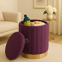 Ottoman Sitting Stool with Storage, Round Dutch Velvet Cover Memory Foam Padded 32L Capacity Ottoman Bench Footrest, Pouffe, Office Stool, Makeup Chair, Vanity Chair for Living Room, Bedroom
