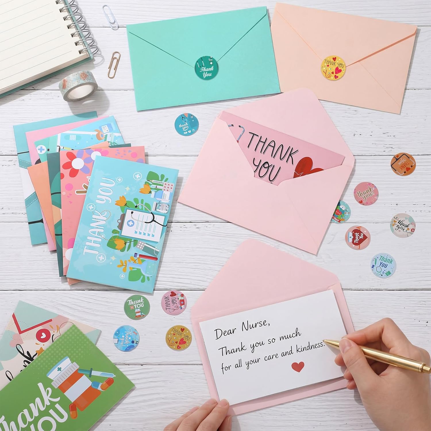 Motiskyy 80 Sets Nurse Thank You Cards with Envelopes and 4 Sheets Stickers Nursing Greeting Note Cards Bulk for Nurses' Day Doctors Medical Assistants