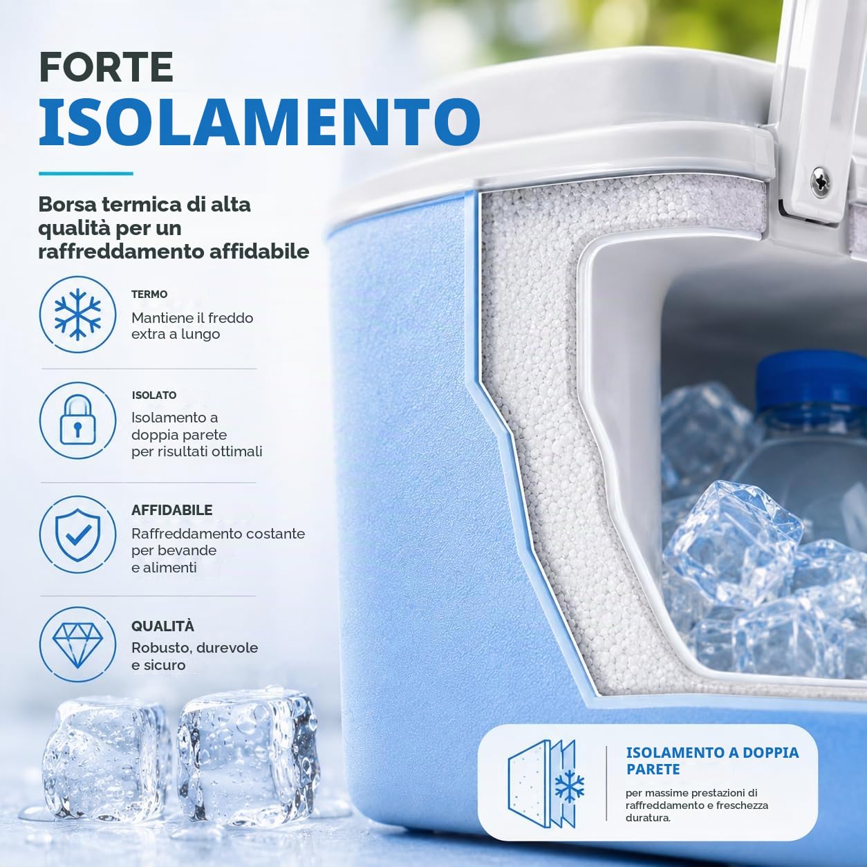 Borsa frigo da 15 litri con elemento refrigerante e mattonelle di ghiaccio, scatola termica per un raffreddamento extra lungo, ideale come borsa frigo