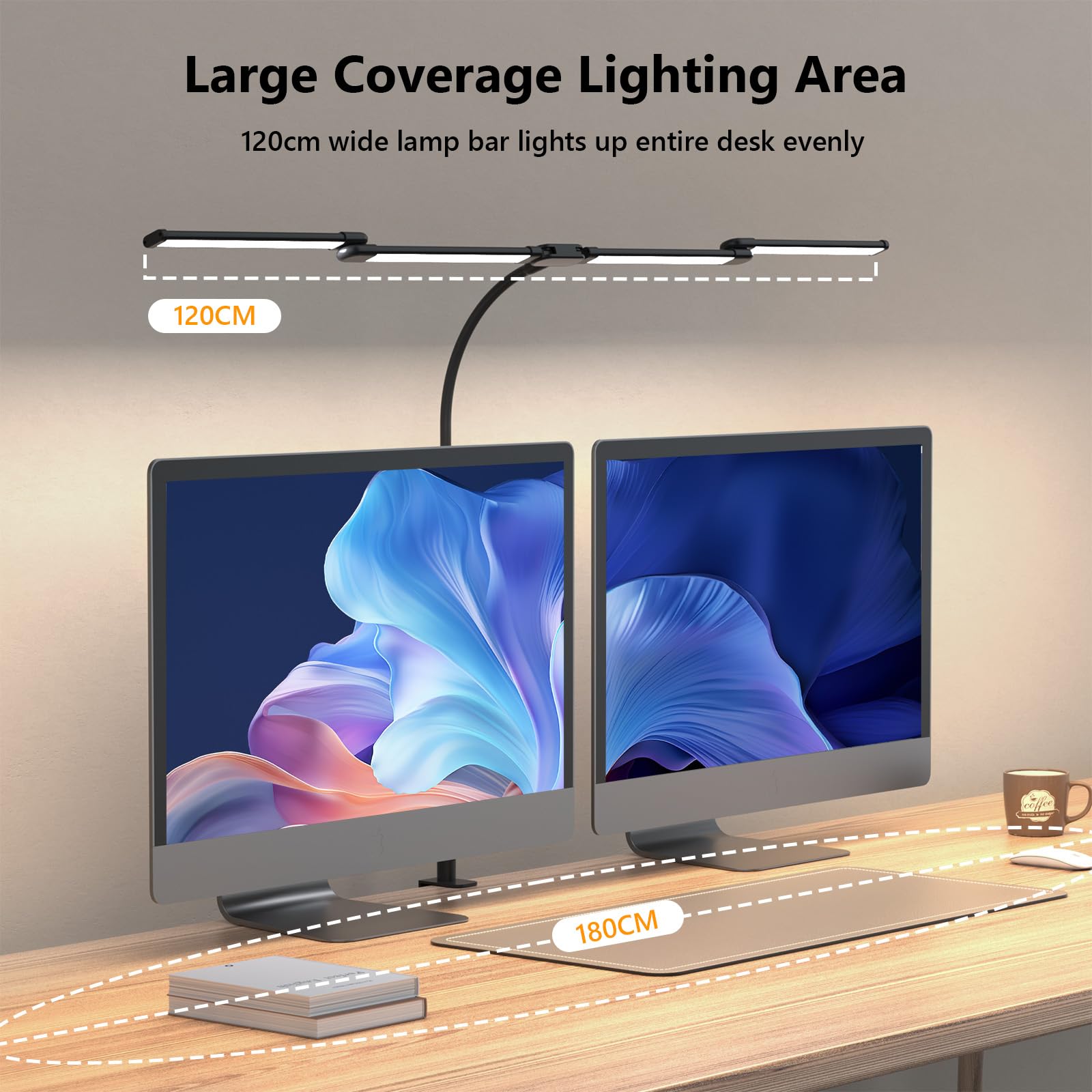 Comely Schreibtischlampe LED Dimmbar 24W, 120cm 2750LM Schreibtischlampen, 4-Led Schreibtischlampe Klemmbar mit 5 Farbtemperatur, Arbeitsplatzleuchte mit 10 Helligkeitsstufen, Schwarz