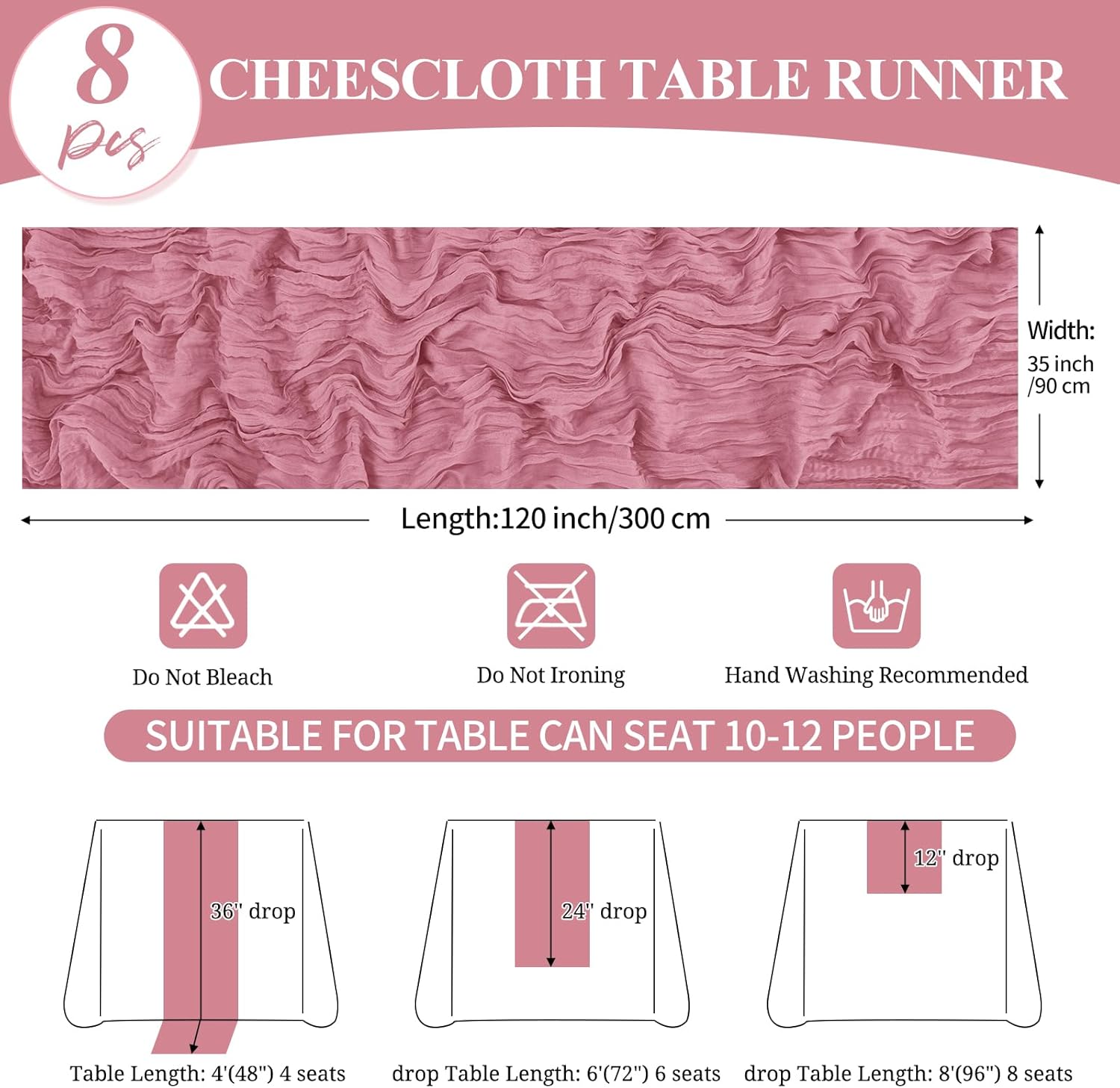 8 Pack 10Ft Cheesecloth Table Runner Dusty Rose, 35 x 120 Inch Boho Rustic Gauze Cheese Cloth Wedding Long Table Runners for Wedding Party Bridal Shower Decoration