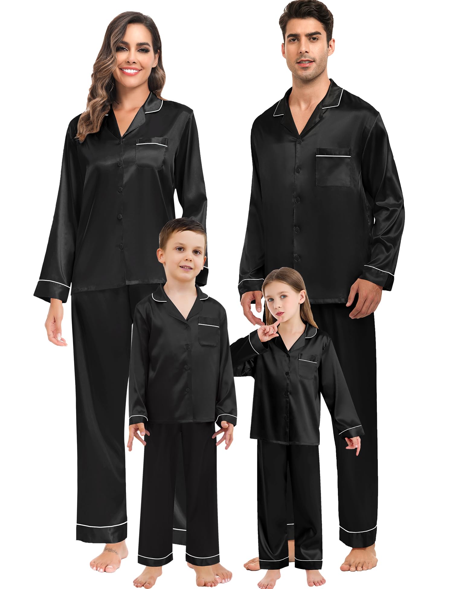 SWOMOGFamily Matching Button Down Pajamas Pjs Silk Satin Long Sleeve Shirt Long Pant Set Sleepwear 2 Pcs Outfits Loungewear
