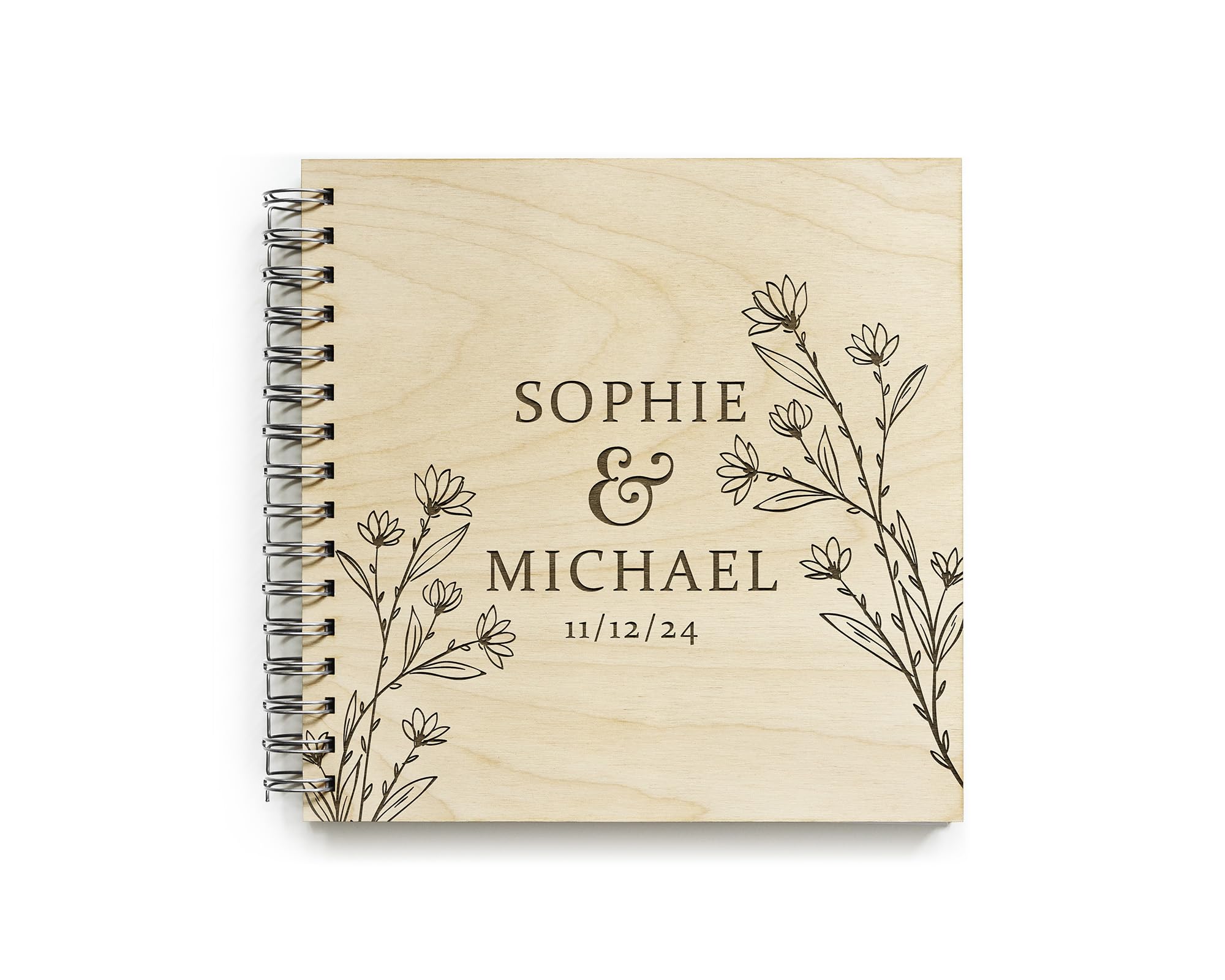 Personalised Wooden Wedding Guest Book with Wildflower Design – Custom Engraved Rustic Guestbook with Names & Date – Boho Floral Wedding Reception Sign-In Book – Spiral Bound Keepsake Album