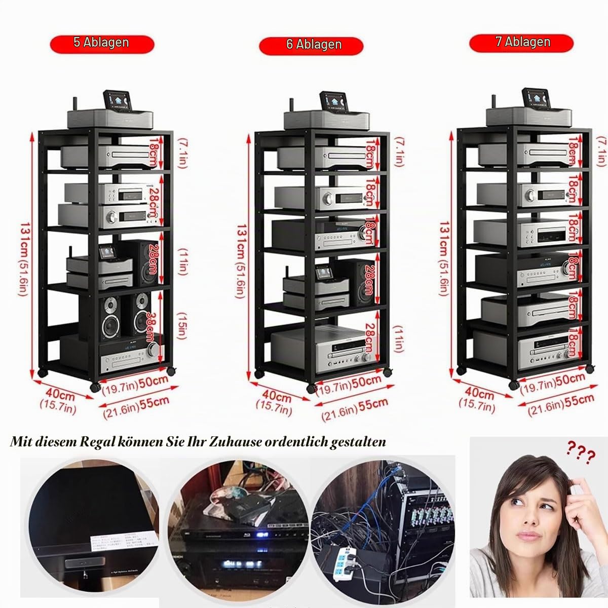 audio rack hifi regal Stereo-Audio-Medienschrank mit 5/6/7 Ebenen for Wohnzimmer, Büro, Heimkino, beweglicher Video-Rack-Turm, DVD-Plattenspielerständer, Lautsprecherverstärker, Spielkonsolen, Platten