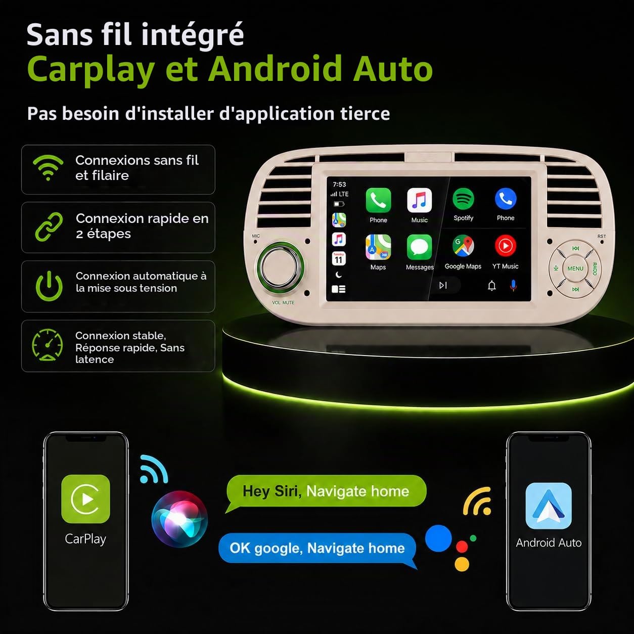 Autoradio Écran CarPlay sans Fil pour Fiat 500 2007-2015 1 DIN Bluetooth