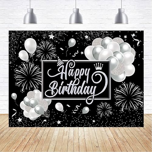 Miniatura 4 de Cartel de fondo de feliz cumpleaños negro y plateado, letrero de feliz cumpleaños, globo con purpurina, fuegos artificiales, telón de fondo para