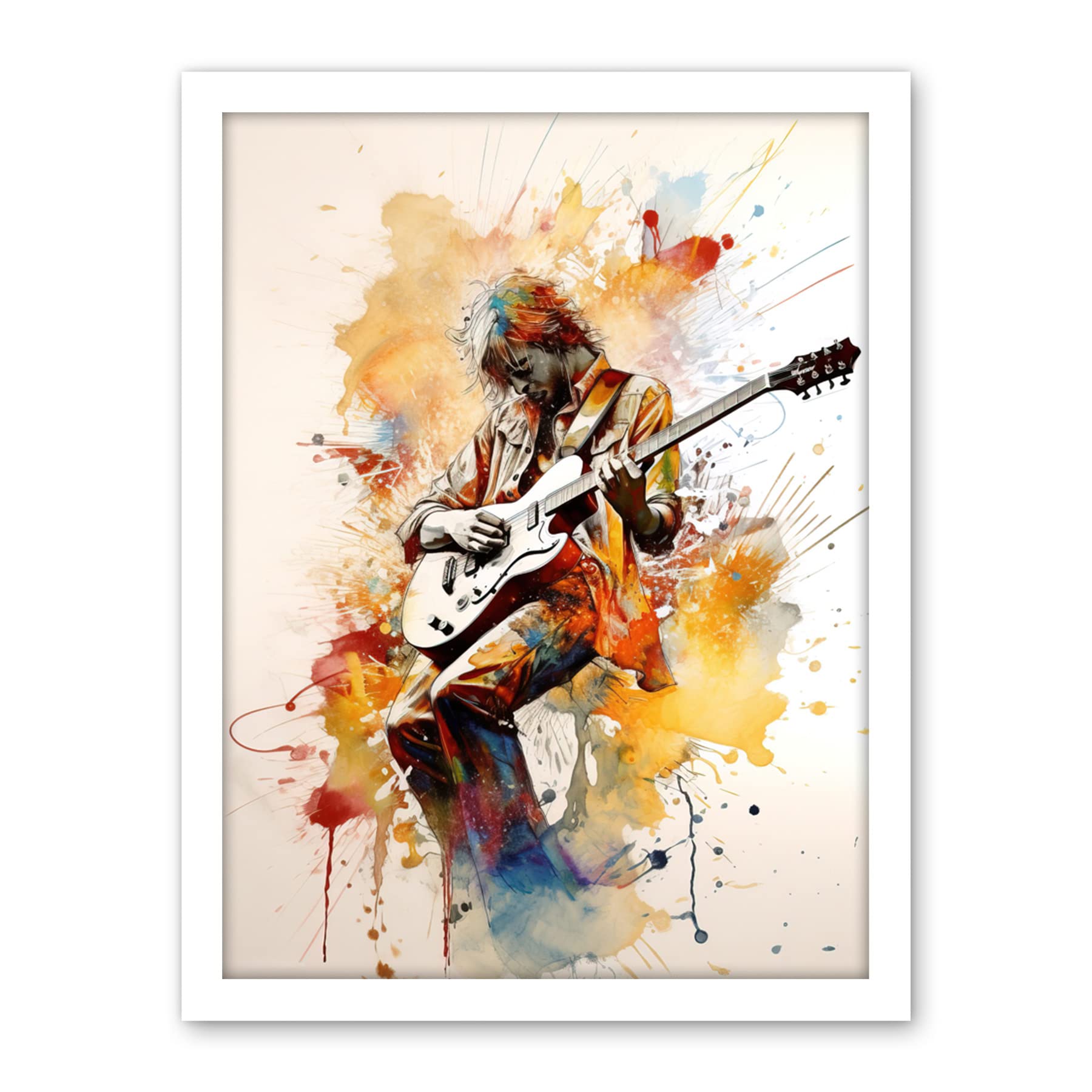 Artery8 Guitarist Musician Playing Solo on Electric Guitar Modern Watercolour Illustration Artwork Framed Wall Art Print 18X24 Inch