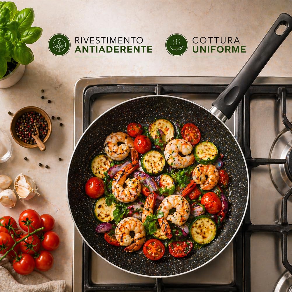 BAKAJI Batteria di Pentole Natura Più Colore Verde con Fondo Antiaderente e Manico Cool Touch, Accessori Mestoli, Impugnatura Ergonomica, Coperchi in Vetro, Casseruola e Padella con Cottura Omogenea