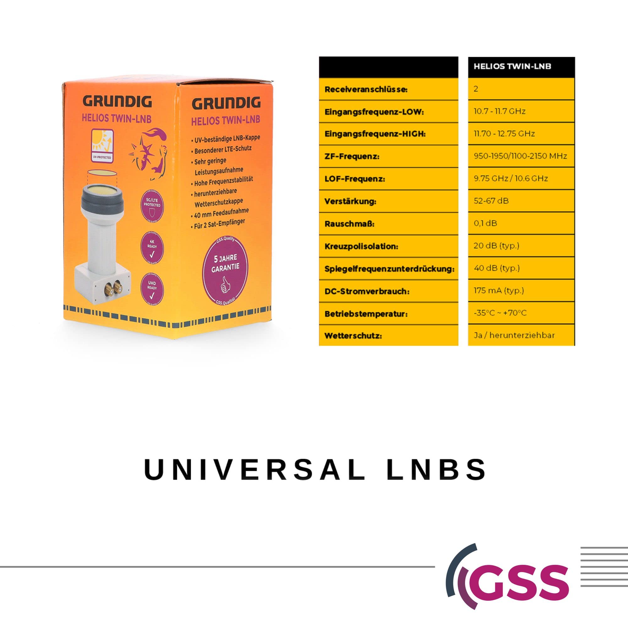[ Test très bien, note 1.2 *] LNB double GSS Helios avec blindage LTE et protection solaire UV, tête LNB numérique 2 voies 4K pour 2 participants, pour TV TV récepteur satellite, LNC HD pour parabole