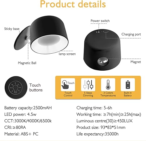 Miniatura 6 de Lámpara LED recargable por USB con 3 temperaturas de color y 5 niveles de brillo de luz, bola magnética giratoria de 360 y control remoto para