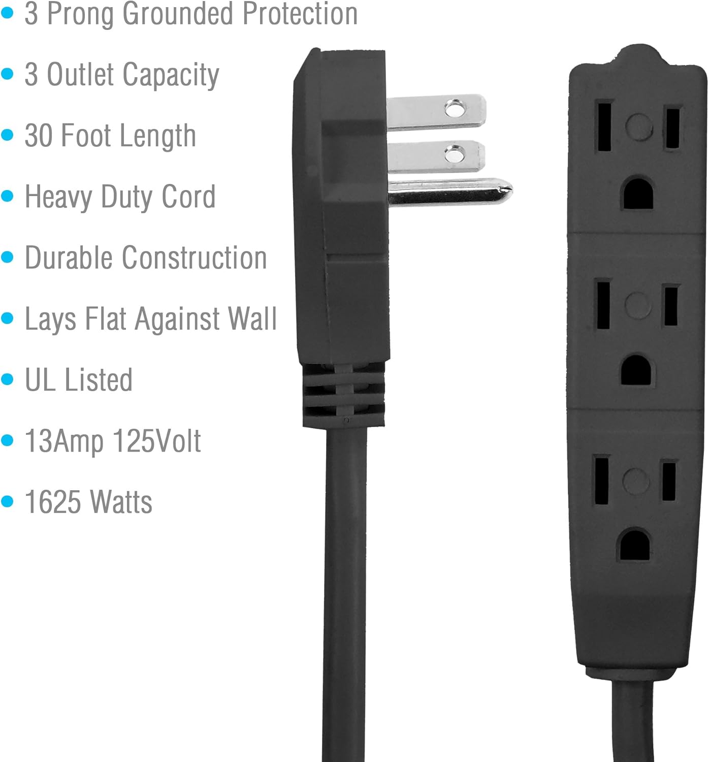 Flat Plug Extension Cord 30 FT Black 3 Outlet 3 Prong Grounded Indoor Extension Cord Low Profile Wall Hugger Angled Plug 16/3 Heavy Duty Power Cord 13A 125V for Home Office TV Desk Dorm