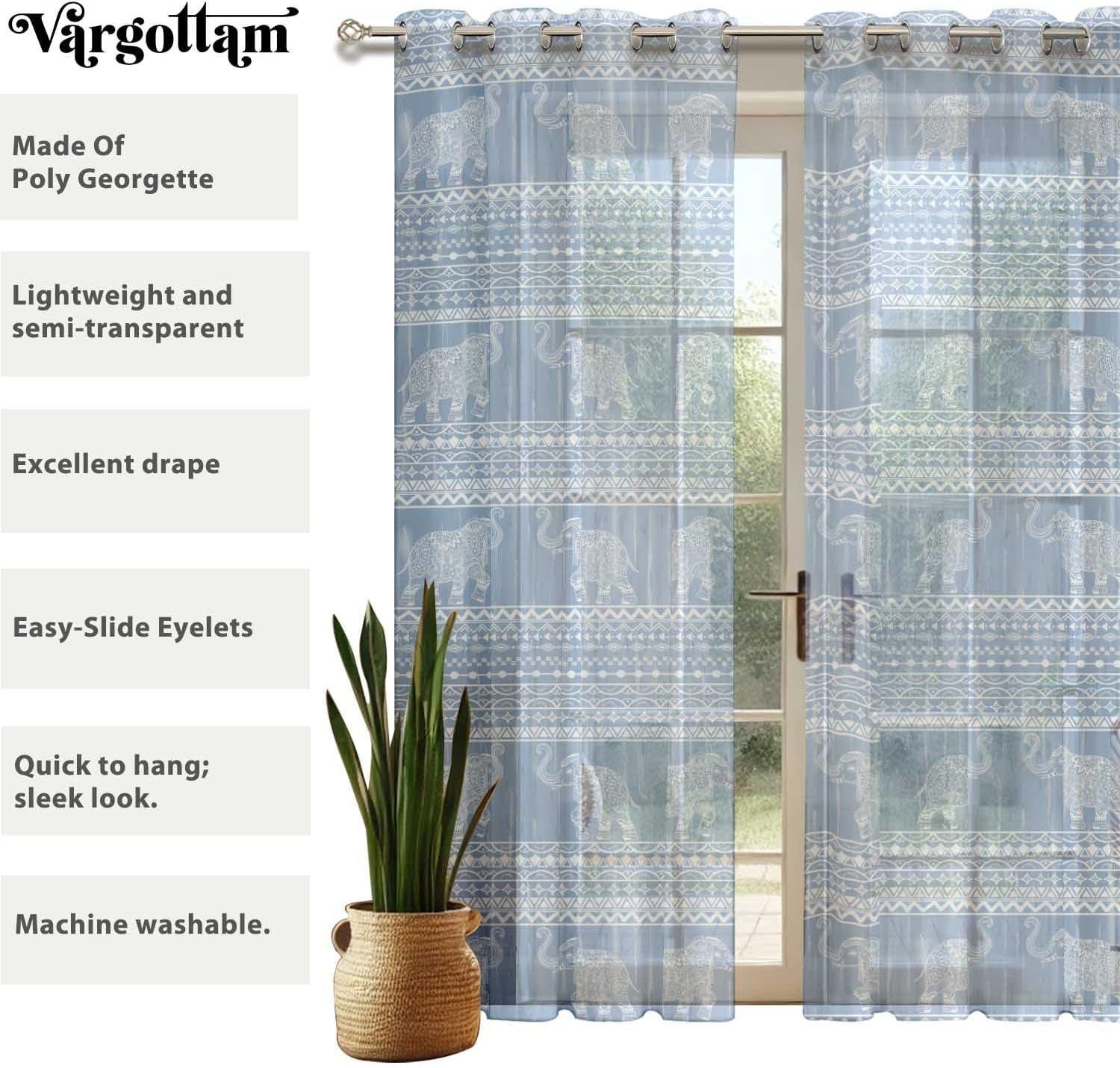 Blue Elephant Print Sheer Curtains for Short Windows - Set of 2 Panels, 63", Grommet Top, Printed Georgette, Light Filtering Drapes for Kitchen or Bedroom