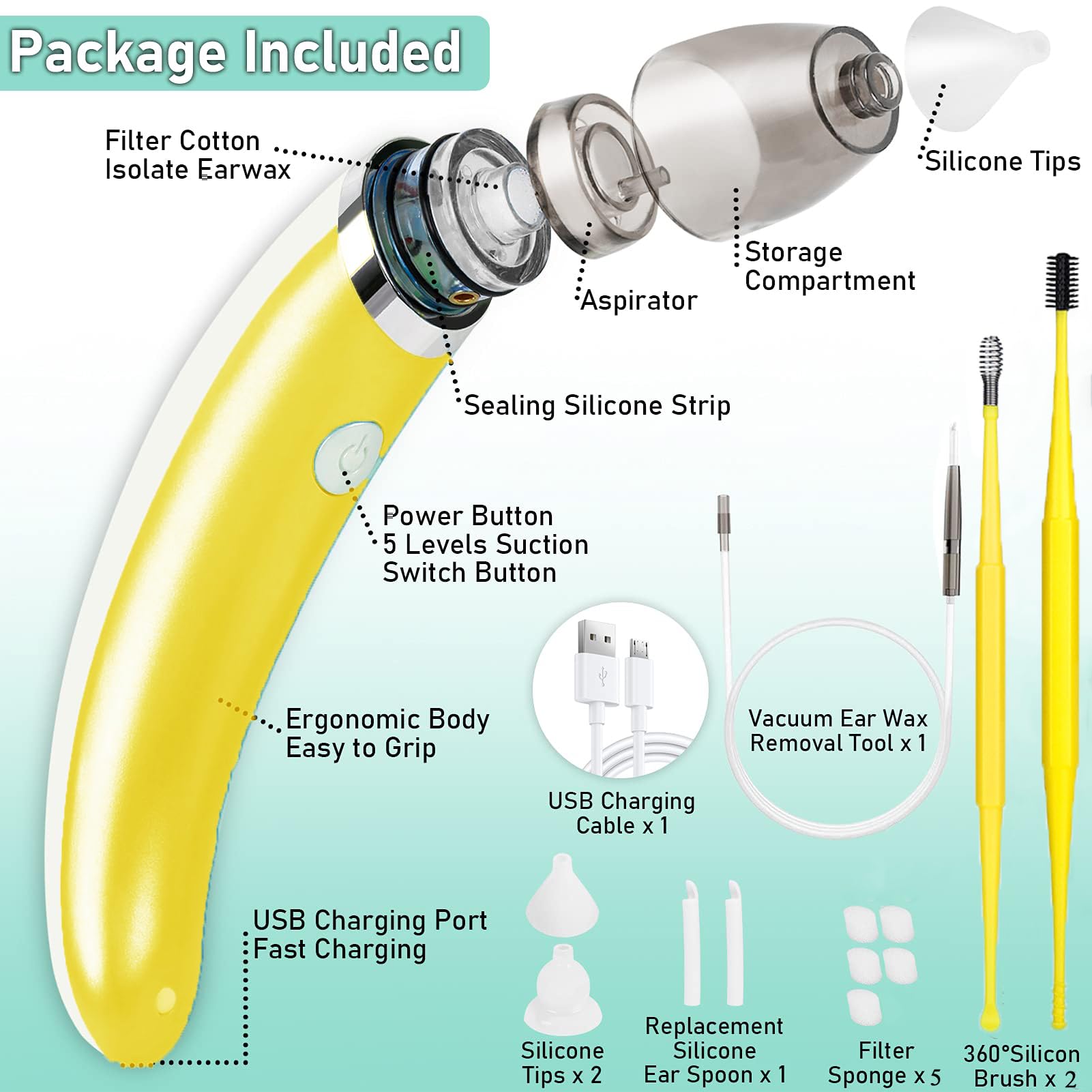 Ohrenschmalz Entferner Vakuum, Sicheres und Weiches 360 Grad Spirale Silikon Ear Cleaning kit , Geeignet für Kinder und Menschen(Gelb-1)