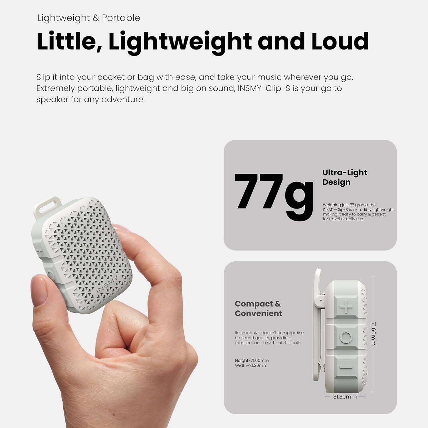 INSMY Clip-S speaker with dimensions labeled