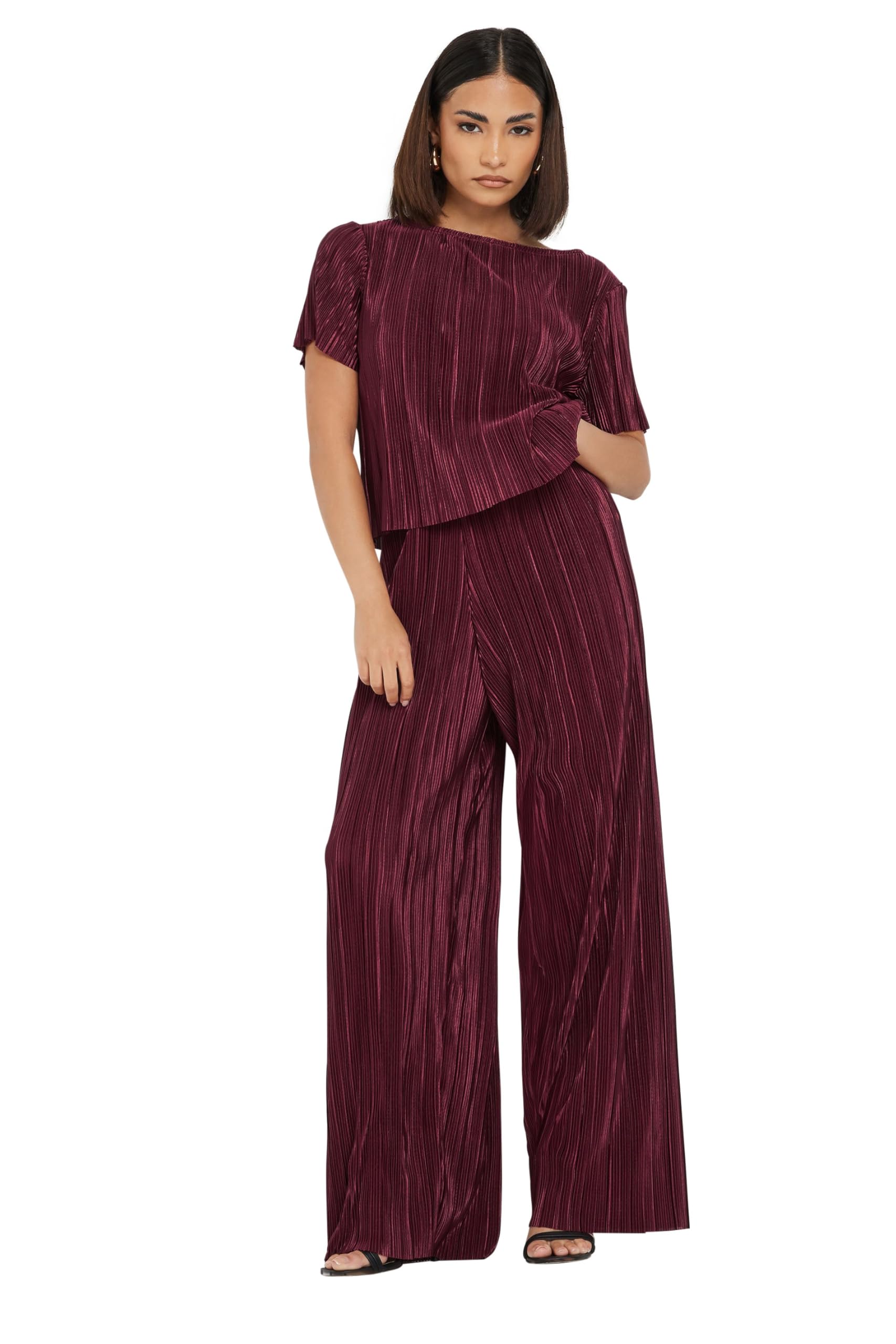 PixieGirl Petite Burgundy Red Plisse Wide Leg Trousers Petite