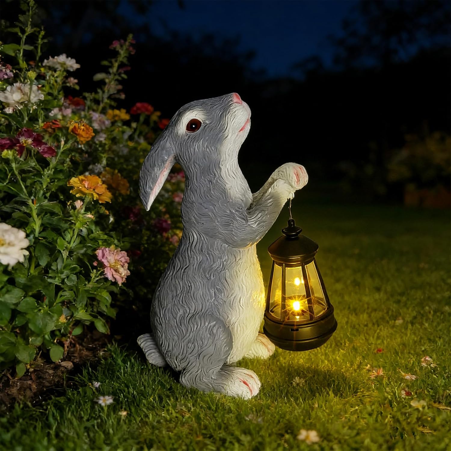 Solar Rabbit Garden Statue with Lights - Whimsical Solar Powered Bunny Figurine for Outdoor Decor, Auto On/Off Waterproof Patio, Yard, Lawn, Balcony Decorations, Unique Gift for Women & Mom