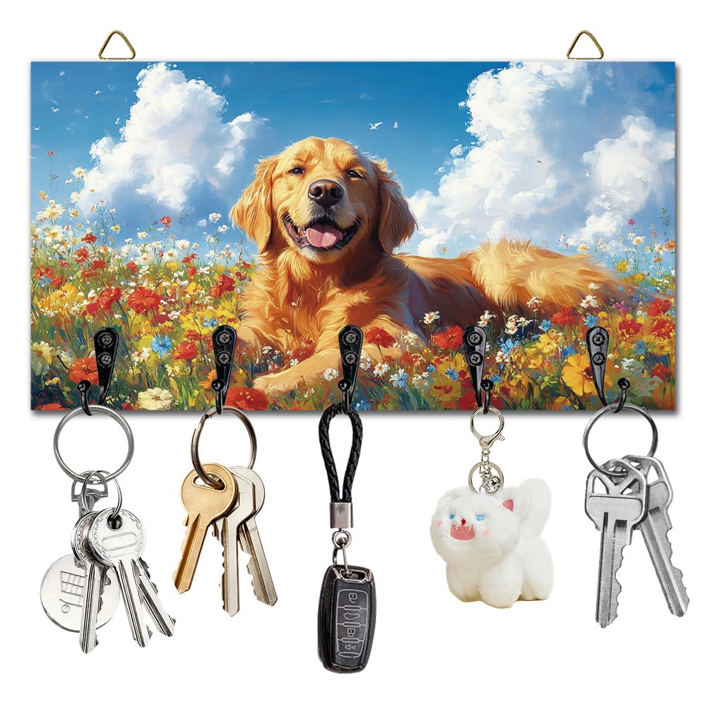 DELORIGIN Dog Flower Key Holder Key Hooks Wall Mounted Wooden Key Racks Key Storage Organizer Hanger with 5 Key Hooks House Key Holder for Wall Decorative Door Entryway Hallway Kitchen New Home Gift