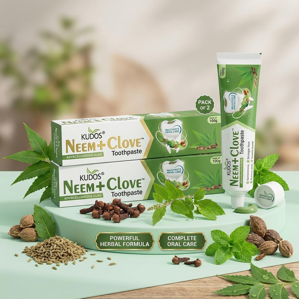 KUDOS Ayurveda Neem Clove Toothpaste | Herbal Ayurvedic Toothpaste for Teeth & Gums | Helps Reduce Cavities, Bad Breath & Gum Problems | Natural Oral Care 100g (Pack of 4) 3