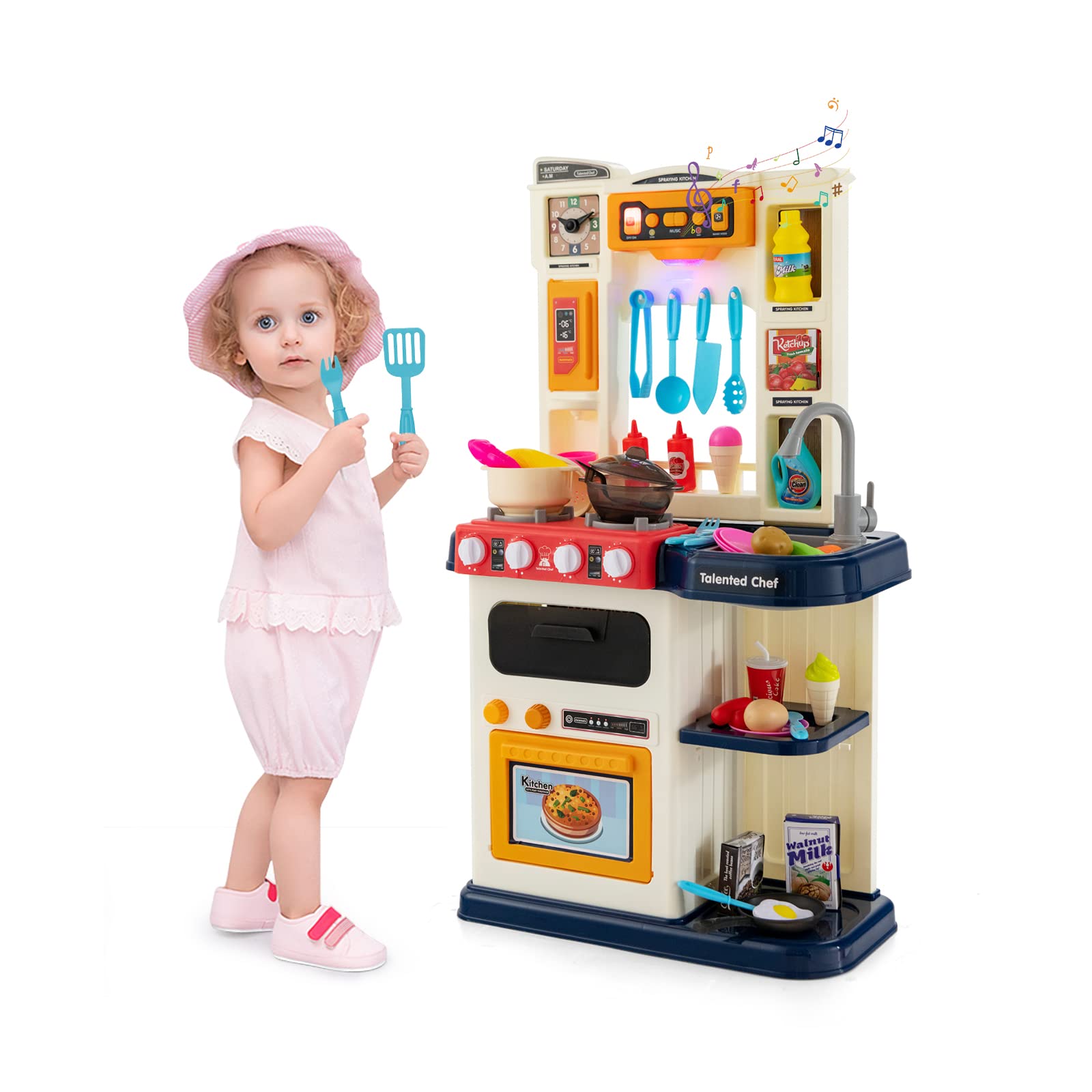 HOMASIS 65 Piece Cuisine Jouet, Ustensiles de Cuisine Accessoires avec Lumière et Son, Simulateur de Cuisine, Evier à Eau Automatique, Set de casseroles et poêles, pour Les Enfants de 3+ Ans (Bleu)