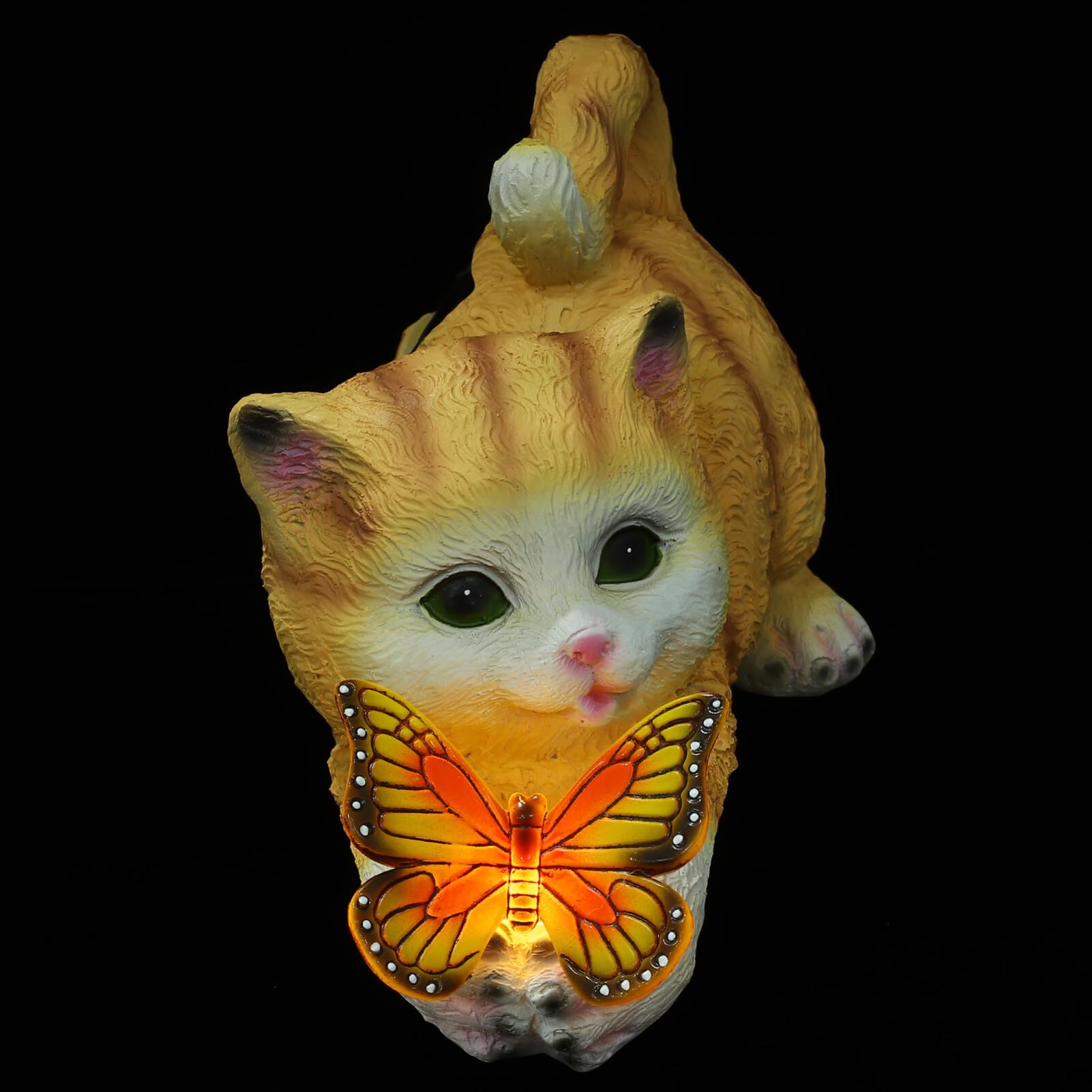 Happyyami Ornament Solar-Katzenstatue mit Schmetterling Outdoor-Gartenstatuen Kunstharz-Katze Dekorative Solar-Tierlampe Solarleuchten für Den Außenbereich Katze mit Schmetterlingslicht | Gelbe Ausführung, Dekoratives Katzenmodell für Raumgestaltung, Deta