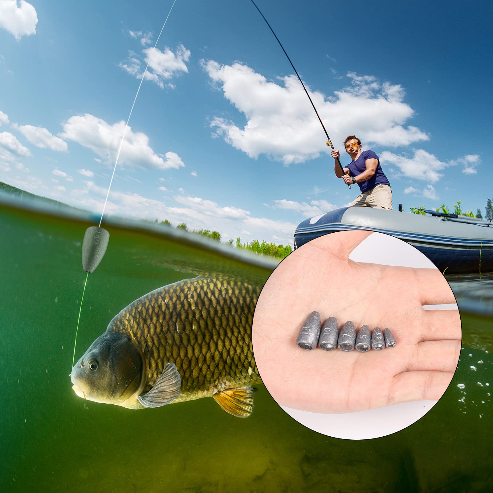 KINBOM 60 Piezas Pesas Pesca Kit Plomos Extraíbles Reutilizables Pesas de Plomo de Pesca Plomos de Bala de Caída 6 Tamaños