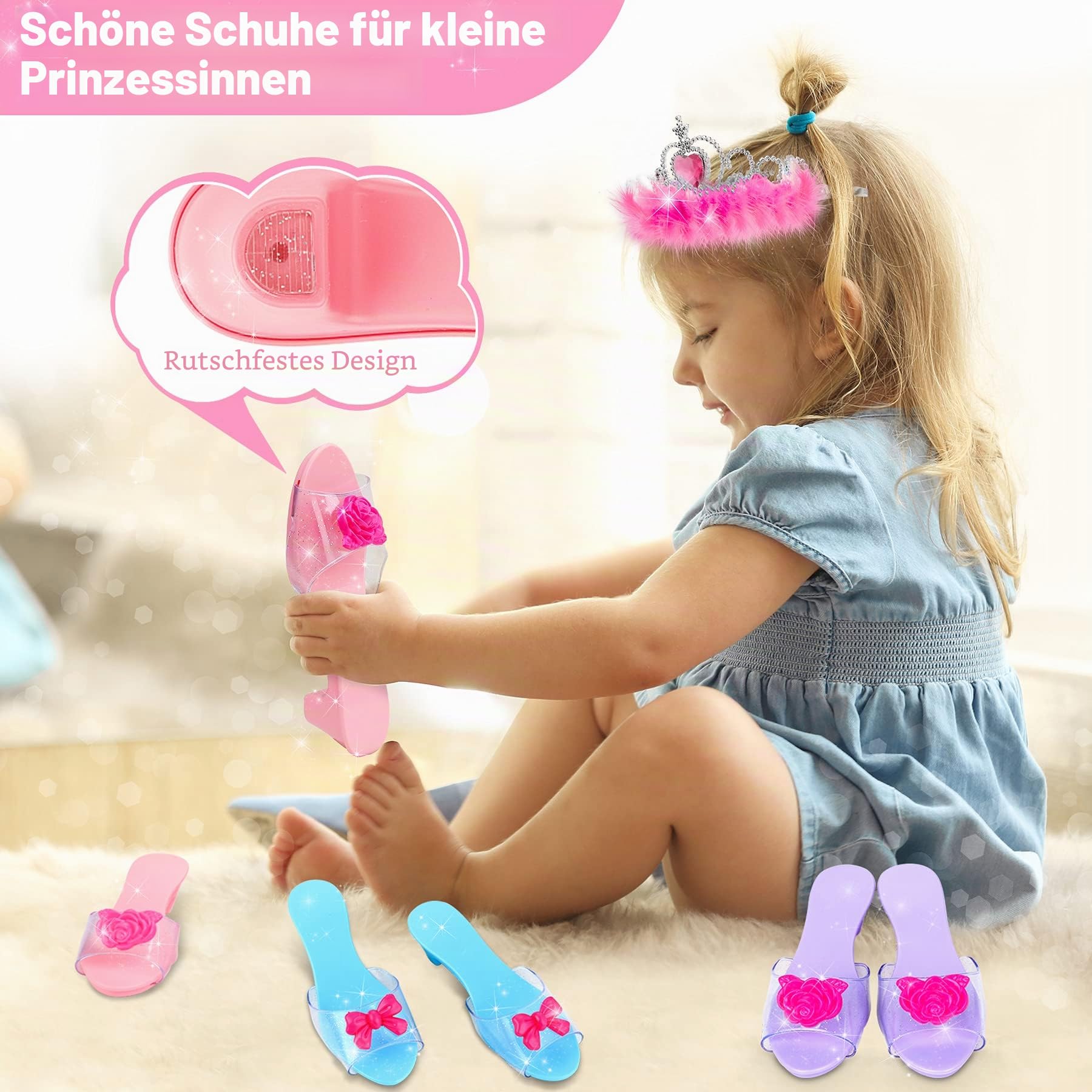 Prinzessin Schuhe Mädchen - ELSA Kostüm Spielzeug - Schmuck Zubehör 3 Paar stöckelschuhe Kinder Einhorn Geldbörse für Geschenk