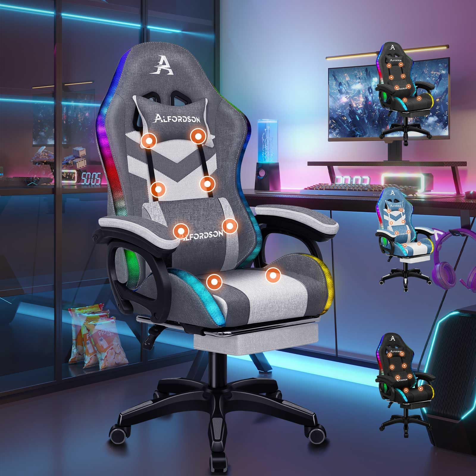 ALFORDSON Silla Gaming con RGB LED de 12 Colores y Masaje de 8 Puntos, Silla Gamer con Reposapiés, Reposacabeza y Cojín Lumbar, Silla Escritorio de Oficina Ergonomica, Tela, Empalme Gris