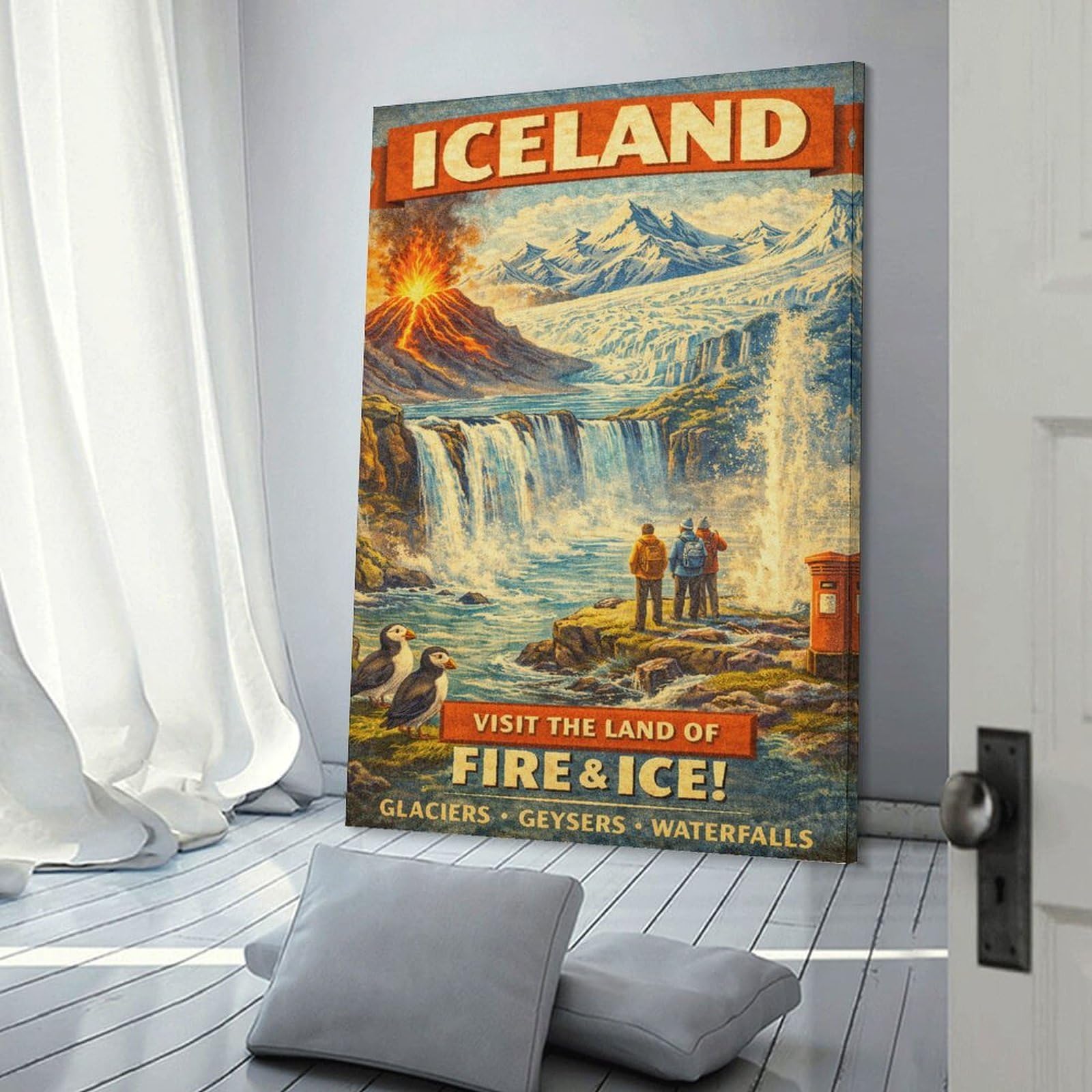 Junmoney Canvas Wall Picture Vintage Iceland Travel, 08x12inch(20x30cm), for Front Hall, Corridor Or Welcome Spaces, Decorative Wall Art for Narrow Spaces