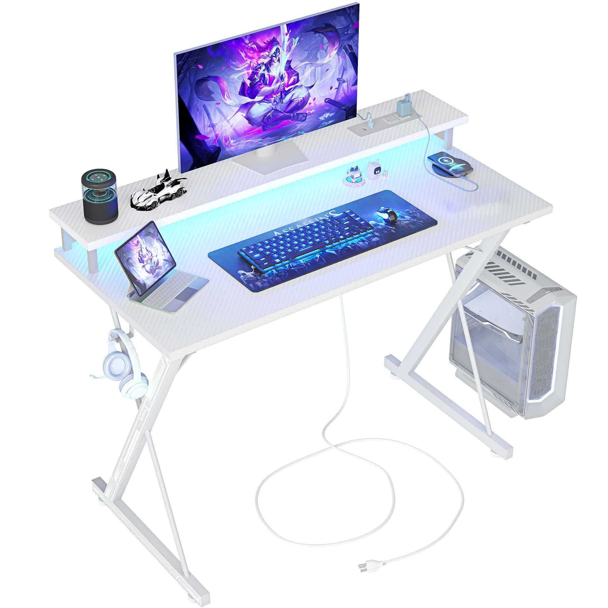 BEXEVUE Bureau Gaming avec Prises Courant LED 100x50cm