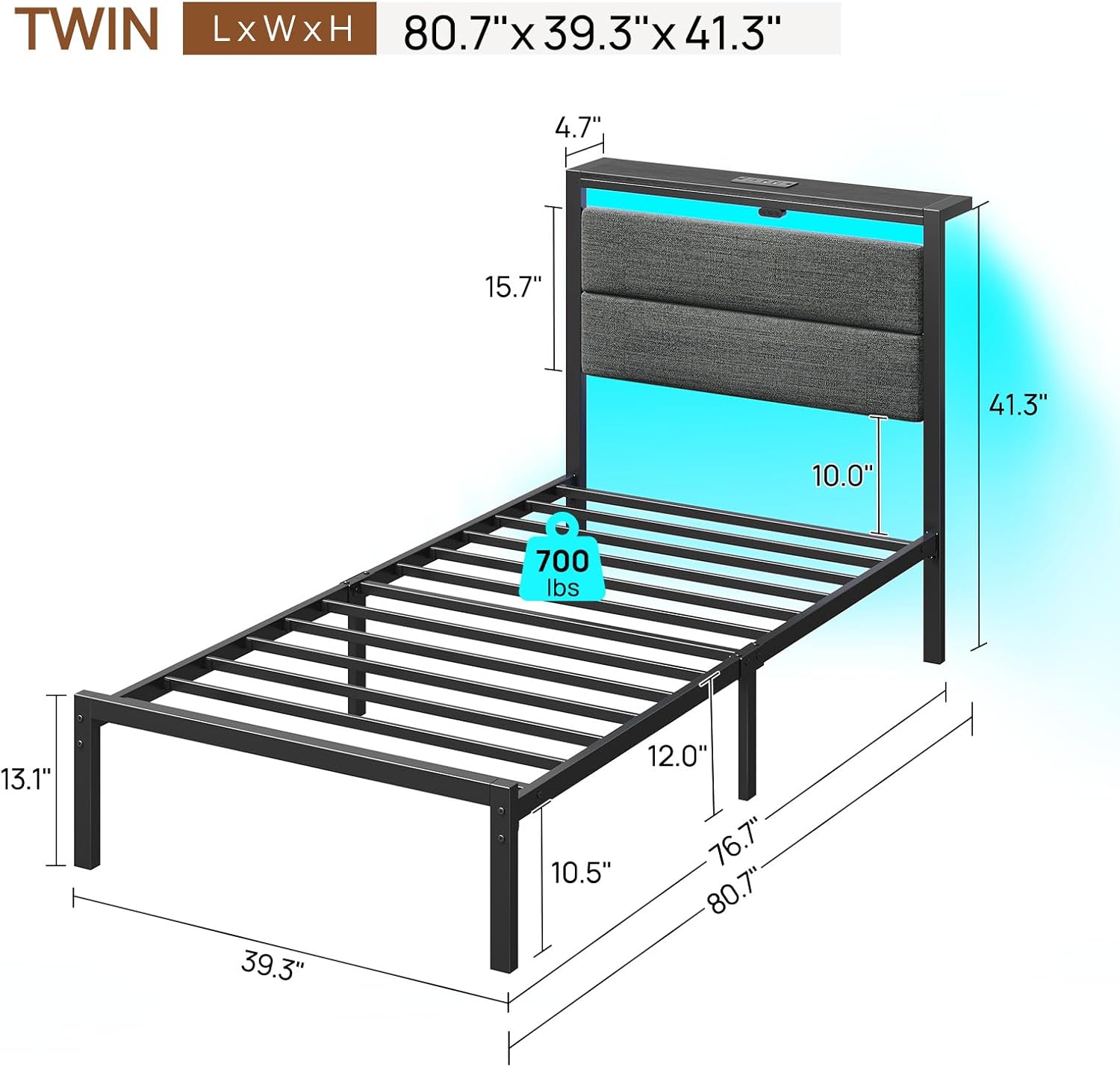 rolanstar bed frame twin size with charging station, led twin bed frame with upholstered storage headboard, platform bed with metal slats & under bed storage, no box spring needed, noise free, grey grey twin upholstered headboard