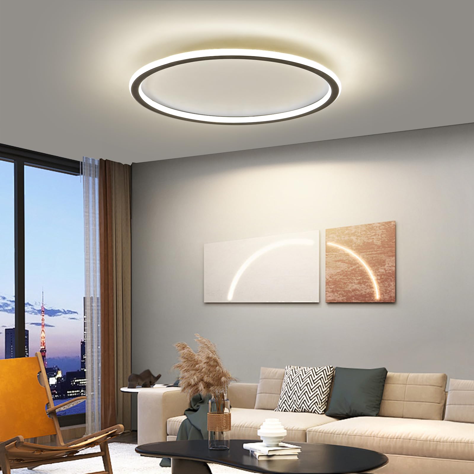 Mikeru Plafoniera LED, diametro 60 cm, rotonda, moderna, 3000 K, luce bianca calda, colore nero, acrilico, per soggiorno, camera da letto, cucina, sala da pranzo, illuminazione a LED a risparmio
