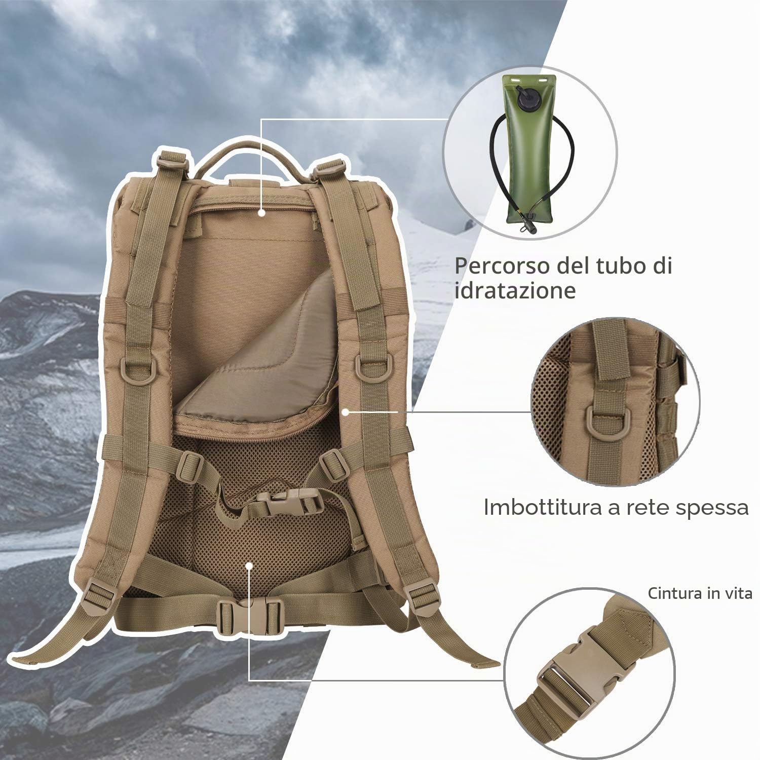 Hannibal Tactical Molle Assault Pack - Zaino tattico militare da campeggio, da 3 giorni, Coyote, 40L