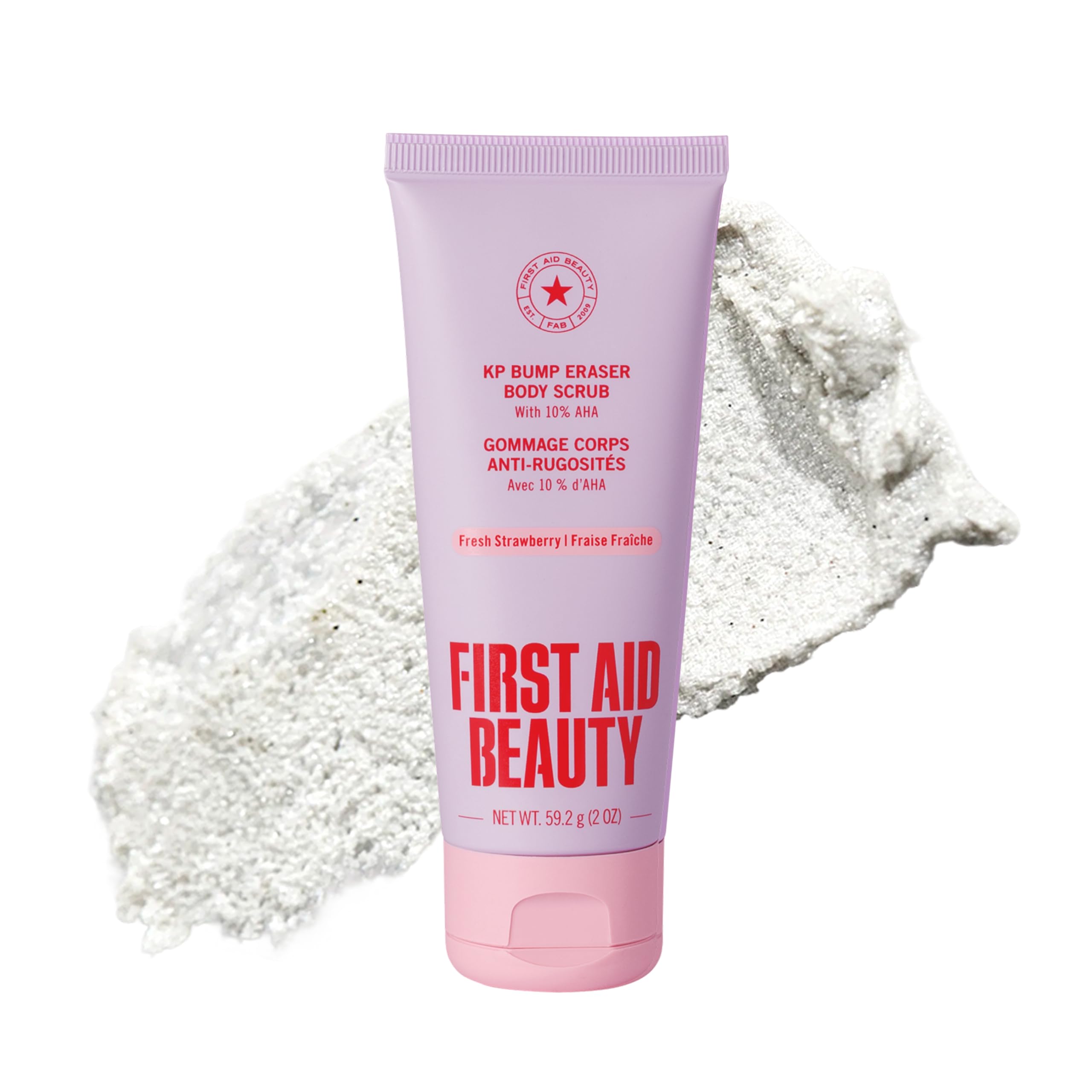 First Aid Beauty KP Bump Eraser Body Scrub Fresh Strawberry Scent 10% AHA Keratosis Pilaris Exfoliator - Glycolic & Lactic Acid with Pumice Treatment for Strawberry Legs Razor Bumps & Rough Bumpy Skin 2 oz (Travel Size)