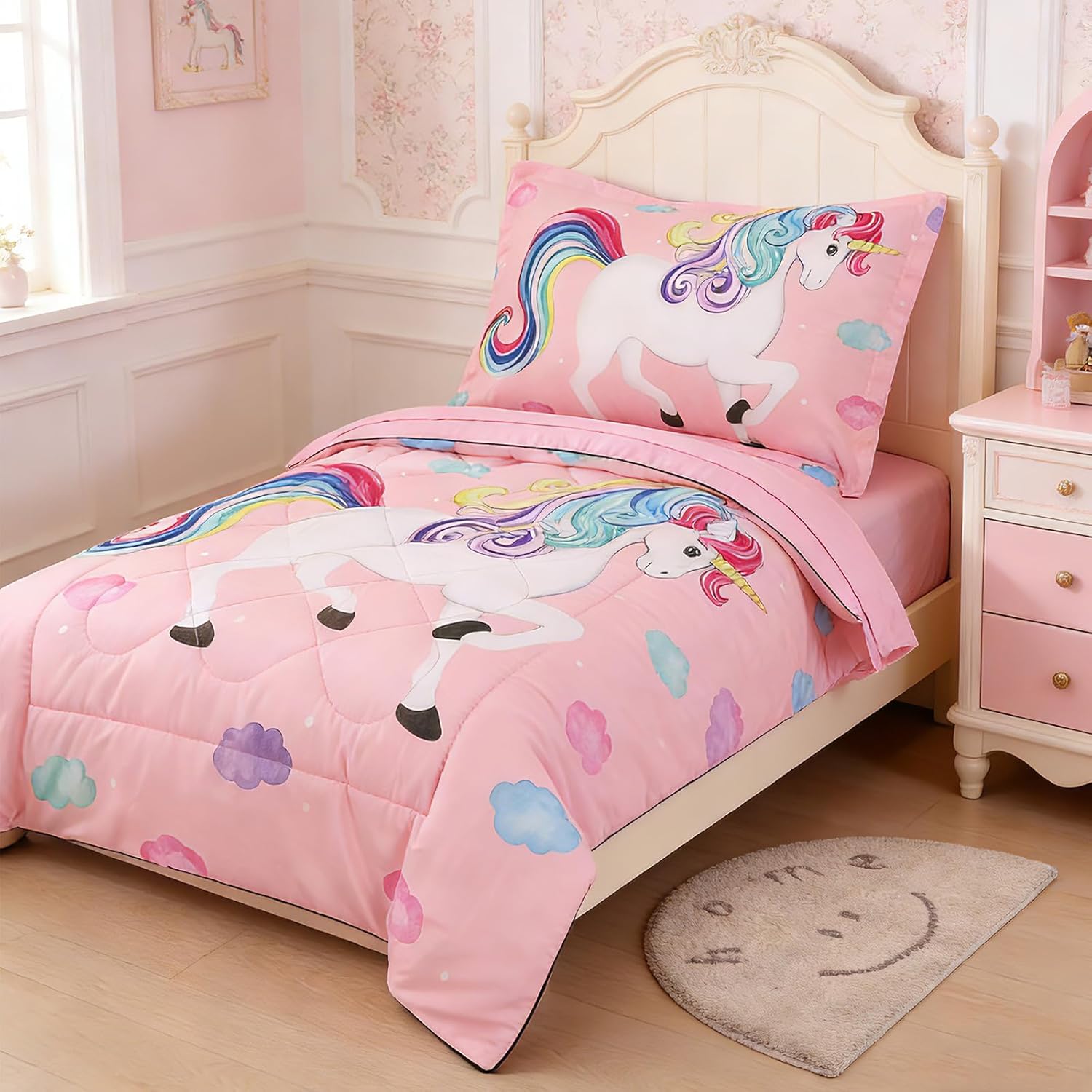 wowelife unicorn toddler bedding set for girls, rainbow 4 piece toddler bed sheets sets pink toddler comforter set kids bag in a bag with comforter, flat sheet, fitted sheet and pillowcase, pink rainbow toddler(4 pcs)