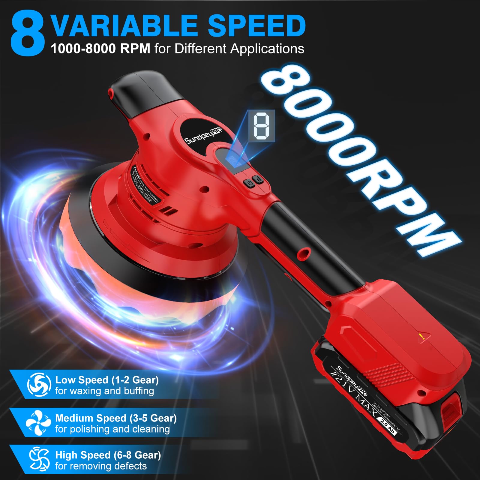 SundpeyPRO Car Buffer Polisher - 8 Speed, 8000RPM -4