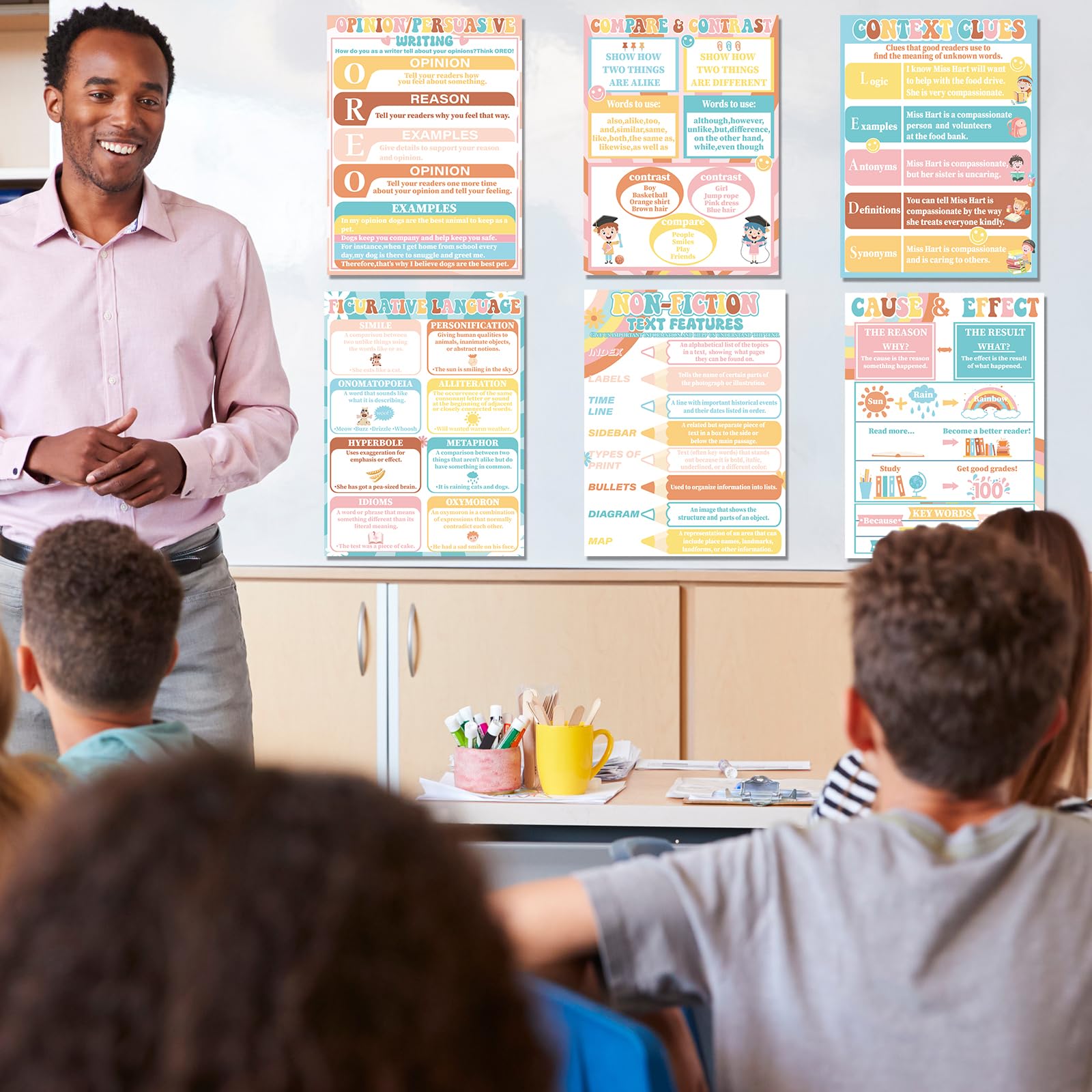 CHUNNIN 16Pcs Hippie Reading Comprehension Poster for Classroom Decoration Sign Groovy Rainbow Daisy Educational Literature Genre Bulletin Board Chart for Elementary Middle High School Wall Decor - Image 6