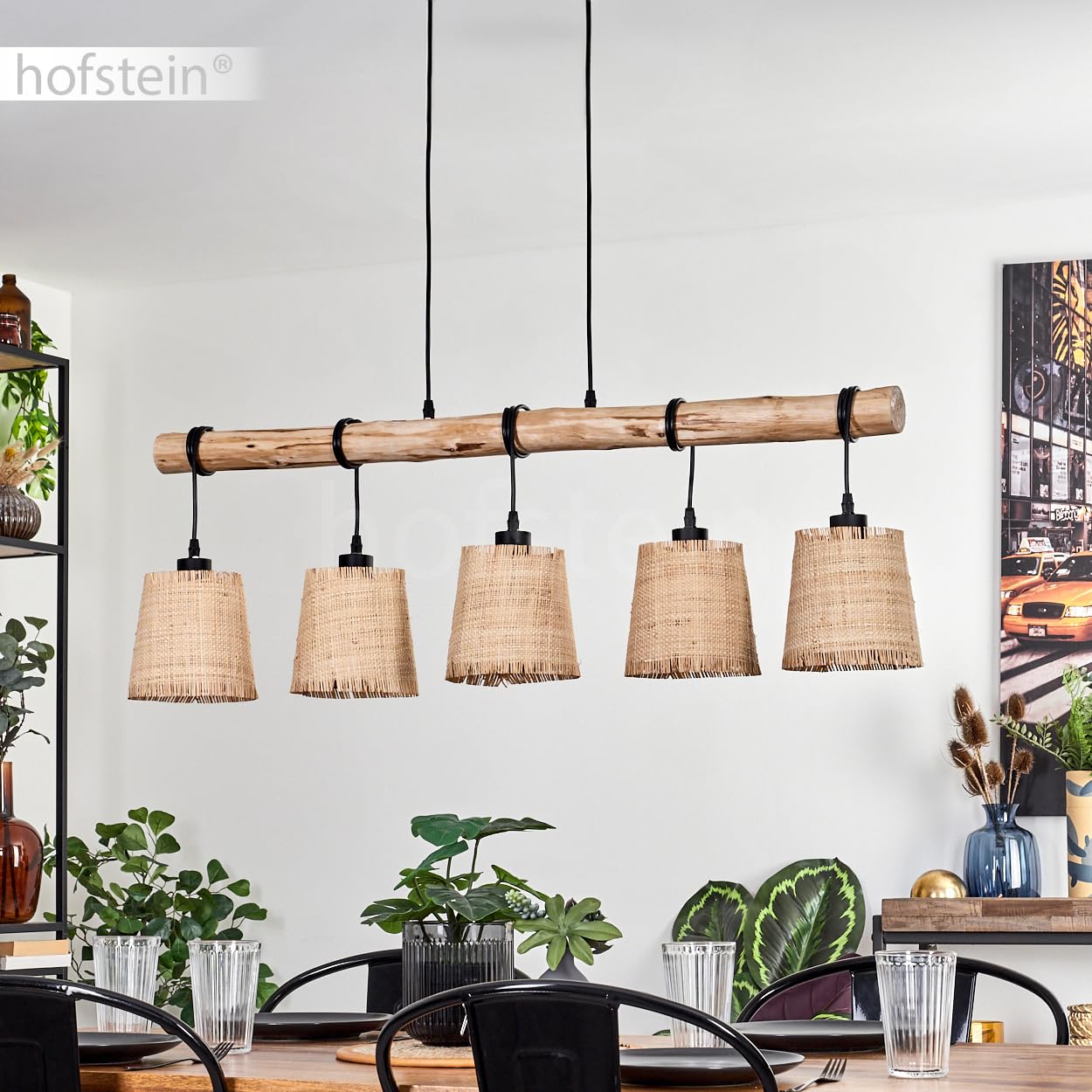 Lámpara colgante Soungou, moderna lámpara colgante de madera/metal/bastón en natural/negro/beige, lámpara colgante de 5 luces de diseño escandinavo, altura máx. 143 cm, 5 x E27, sin bombillas