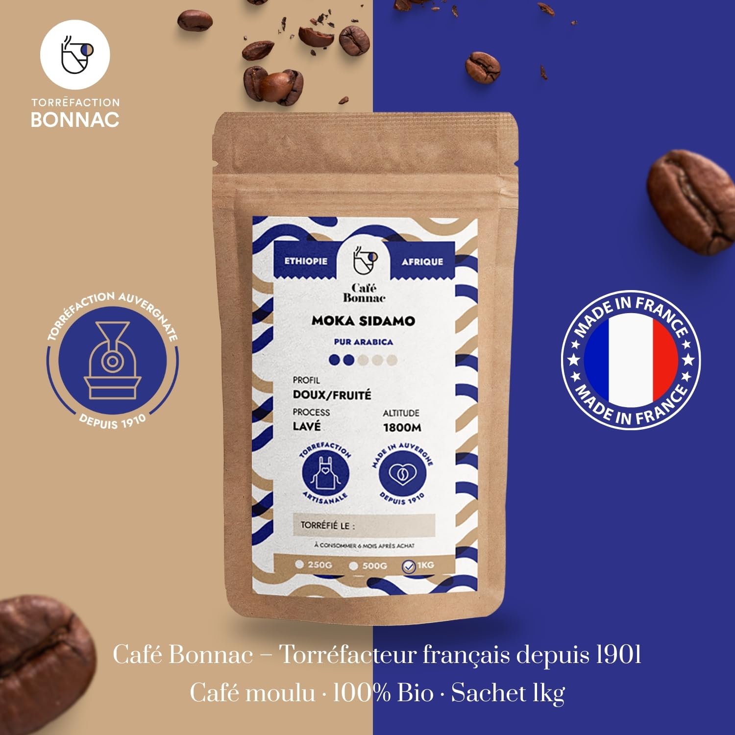 Café Bonnac – Café Moulu Moka Éthiopie Sidamo 1kg | 100% Arabica De Spécialité | Arômes Floraux Et Notes D’Agrumes | Torréfaction Artisanale Française | Idéal Machine À Café Grain