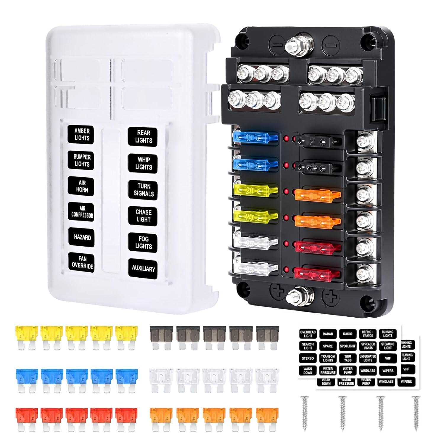 12 Fach Sicherungshalter, Wasserdichter Kfz Sicherungskasten, Sicherungskasten 12V mit LED Anzeige, mit 30 Flachsicherungen, Staubdicht Cover, Sicherungsblock für DC 12V/24V Auto LKW RV Boot