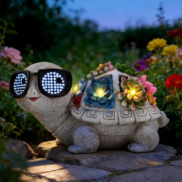 Solar Gartenfiguren Schildkröte Gartendeko für Draußen, Wetterfeste Schildkröte Gartenfigur mit Sukkulenten & LED Leuchten, Geschenk für Mama/Frauen, Deko für Balkon, Terrasse und Rasen - 1