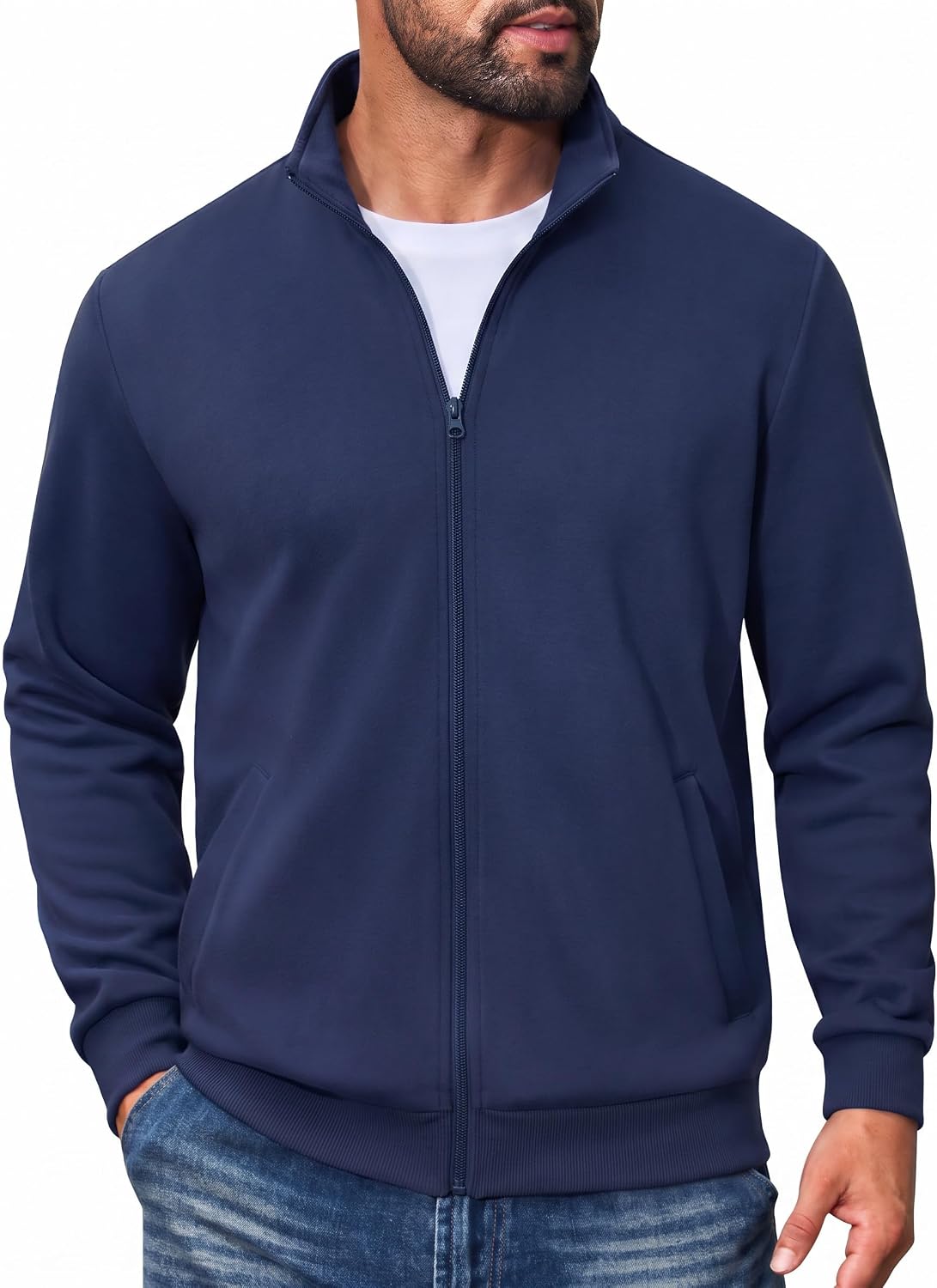 COOFANDY Mens Zip Up Sweatshirt Lightweight Fleece Jacket Casual Sweaters | Soft Cotton Blend, Mock Neck, Full Zip, Warm Fleece Lining, Cozy, Versatile - Business, Commute, Fall, Winter, Spring Jacket