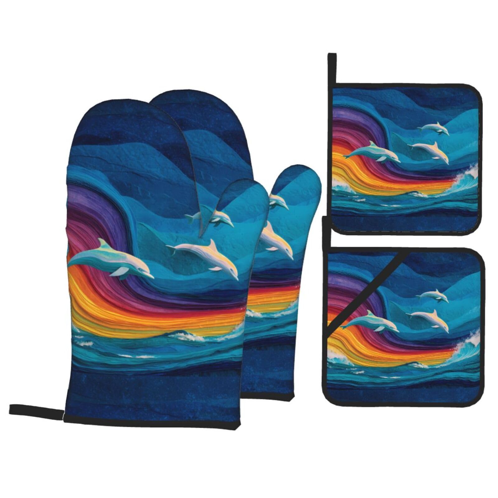 Kitchen Baking Four-Piece Set WHJSSF Dolphins and Rainbow Waves Pattern Heat-Insulating and scalding-Proof for Kitchen Baking and Outdoor Barbecue