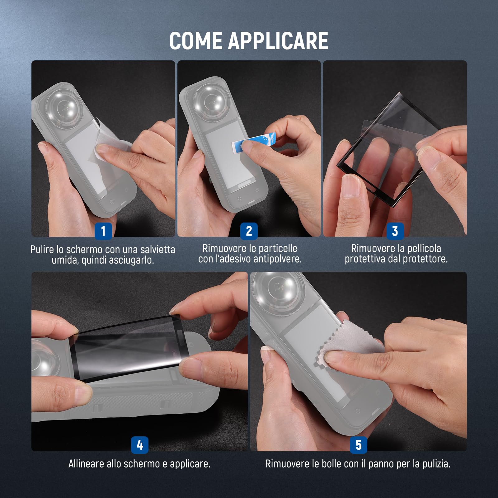 NEEWER Kit Accessori di Protezione Schermo per X4/X5 (2 Pezzi) Compatibile con Insta 360 X5 Insta360 X4 Action Camera, Pellicola Protettiva in Vetro Temperato Antigraffio 9H HD per Touchscreen, CA146